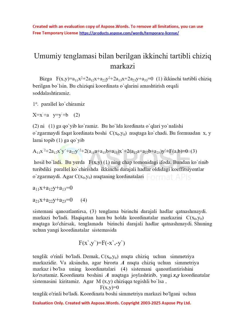 Ikkinchi tartibli chiziq markazi va uning xossalari
