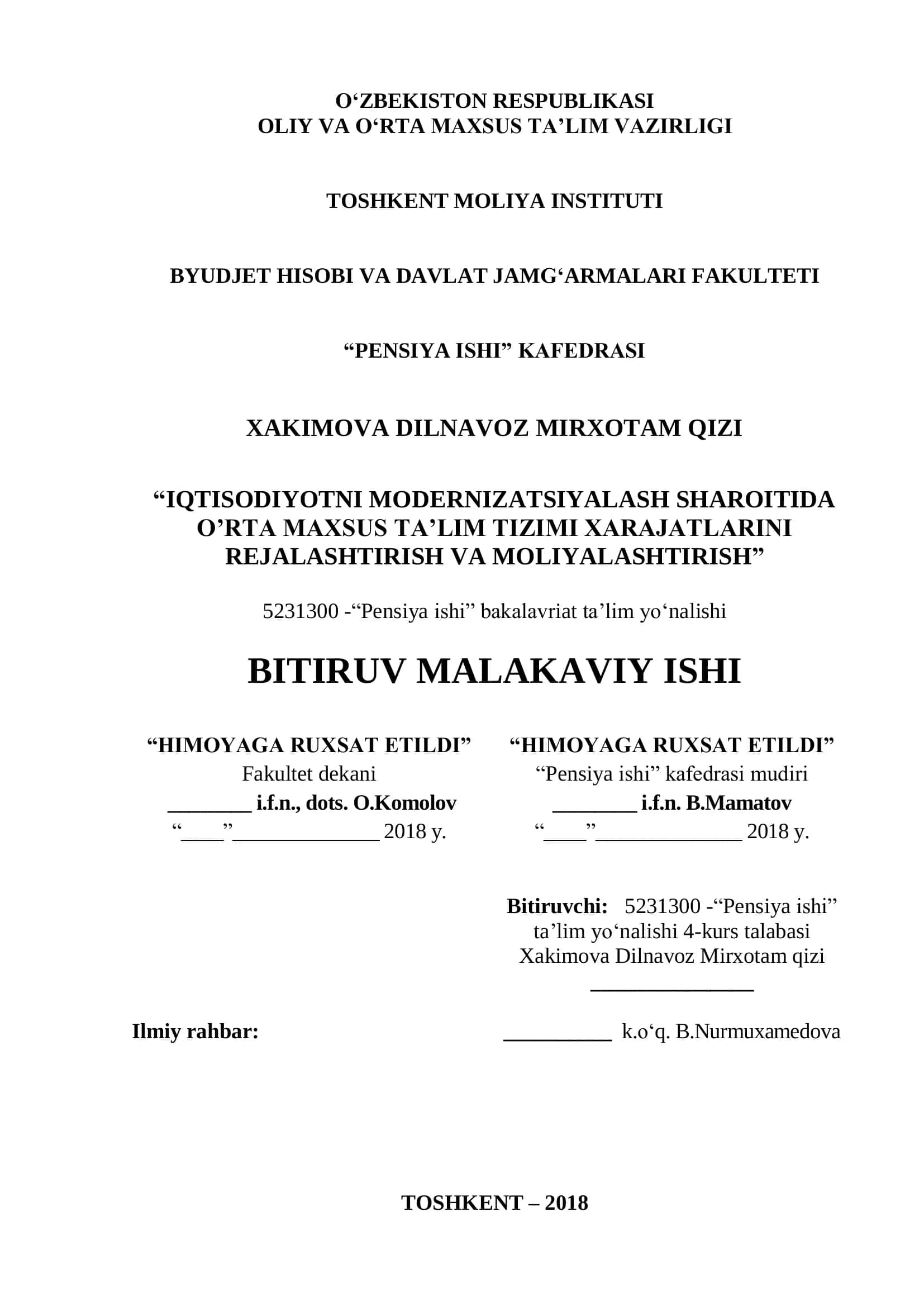 O‘RTA MAXSUS TA’LIM TIZIMI FAOLIYATINING TASHKILIY, HUQUQIY VA MOLIYAVIY ASOSLARI