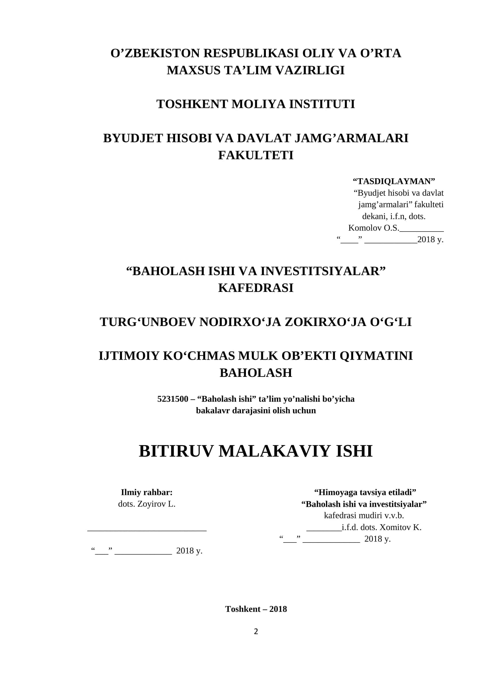 Baholash ishi va investitsiyalar