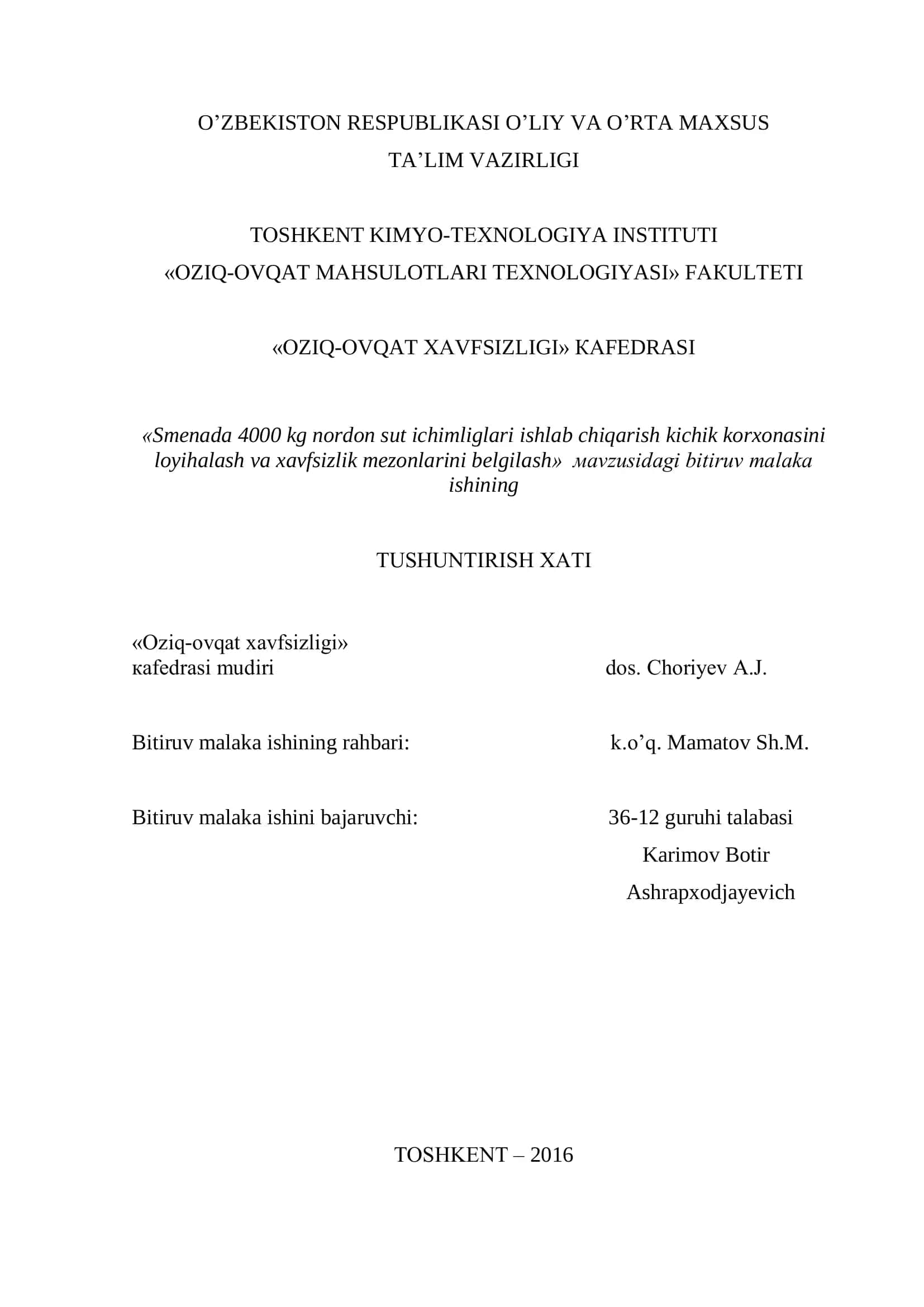OZIQ-OVQAT MAHSULOTLARI TEXNOLOGIYASI