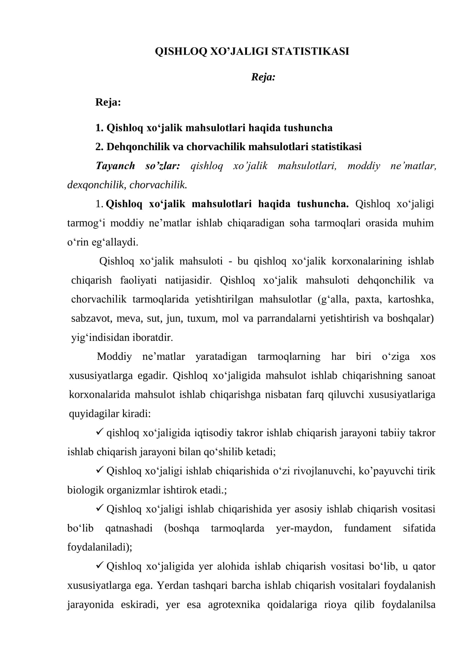 QISHLOQ XO’JALIGI STATISTIKASI