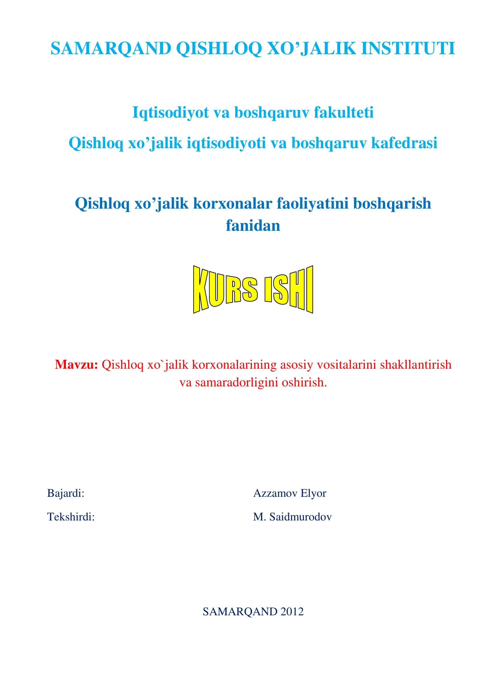 Qishloq xo’jalik korxonalar faoliyatini boshqarish