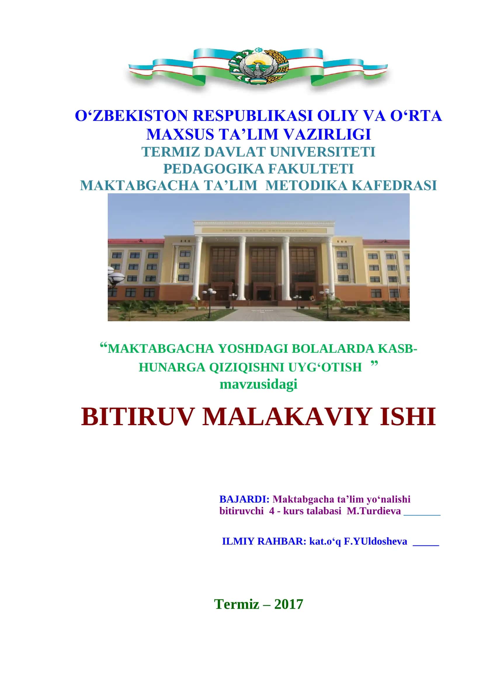 MAKTABGACHA YOSHDAGI BOLALARDA KASB-HUNARGA QIZIQISHNI UYG‘OTISH