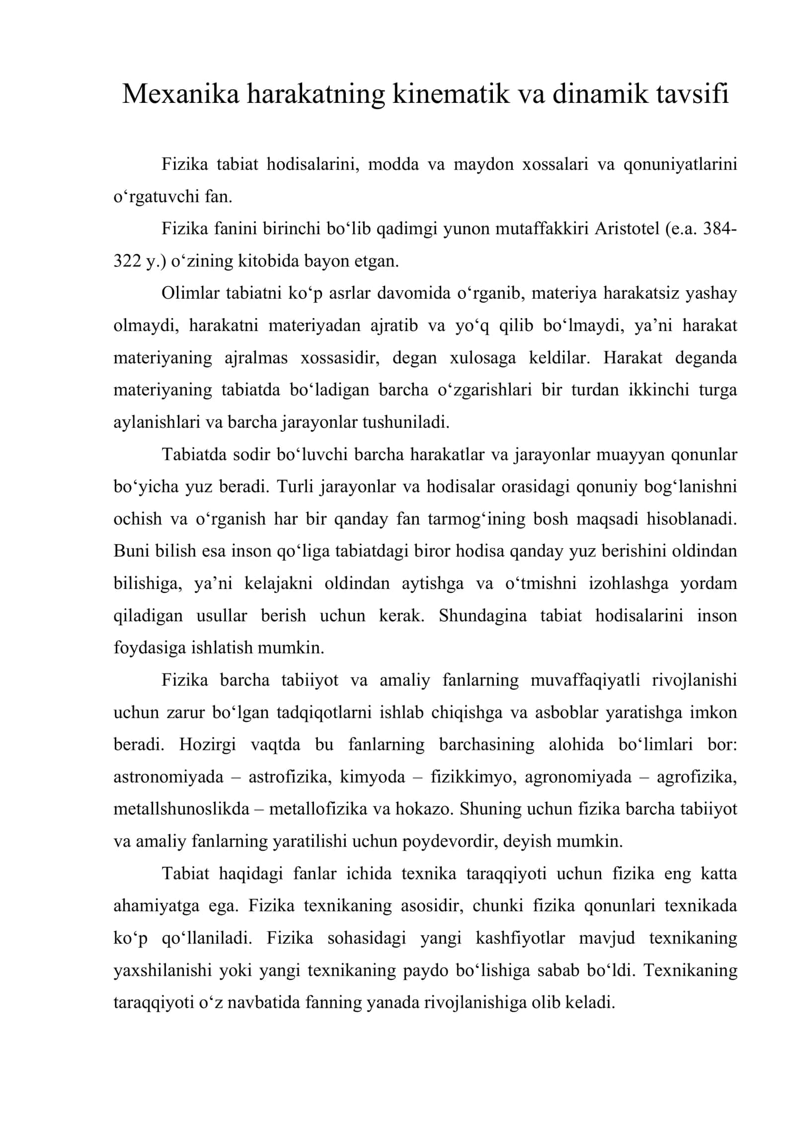 Mexanika harakatning kinematik va dinamik tavsifi