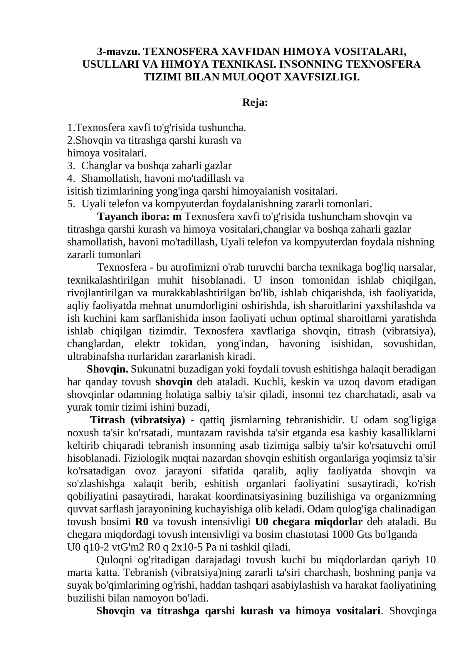 3-mavzu. TЕXNOSFЕRA XAVFIDAN HIMOYA VOSITALARI, USULLARI VA HIMOYA TЕXNIKASI. INSONNING TЕXNOSFЕRA TIZIMI BILAN MULOQOT XAVFSIZLIGI