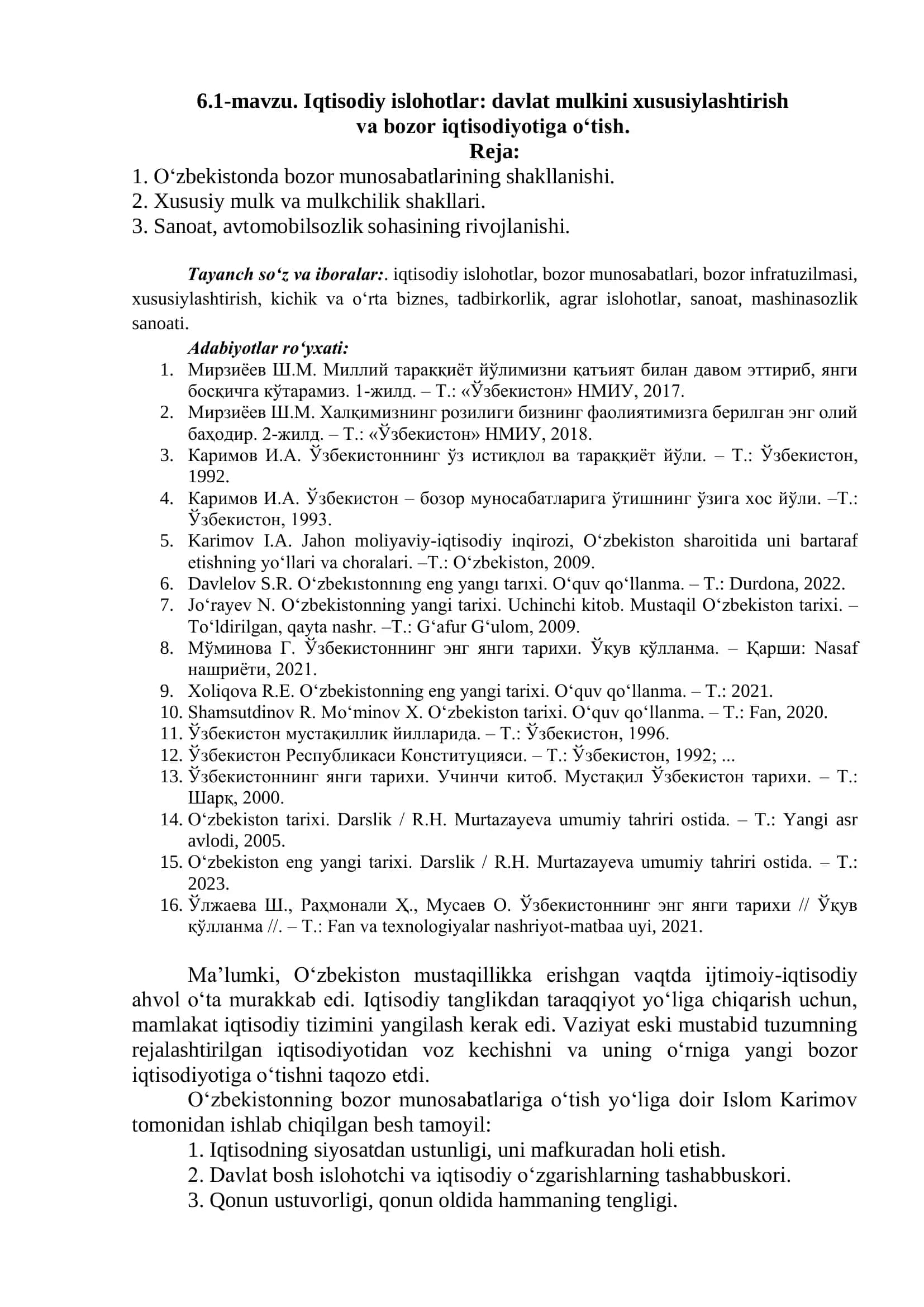 Iqtisodiy islohotlar: davlat mulkini xususiylashtirish va bozor iqtisodiyotiga o‘tish