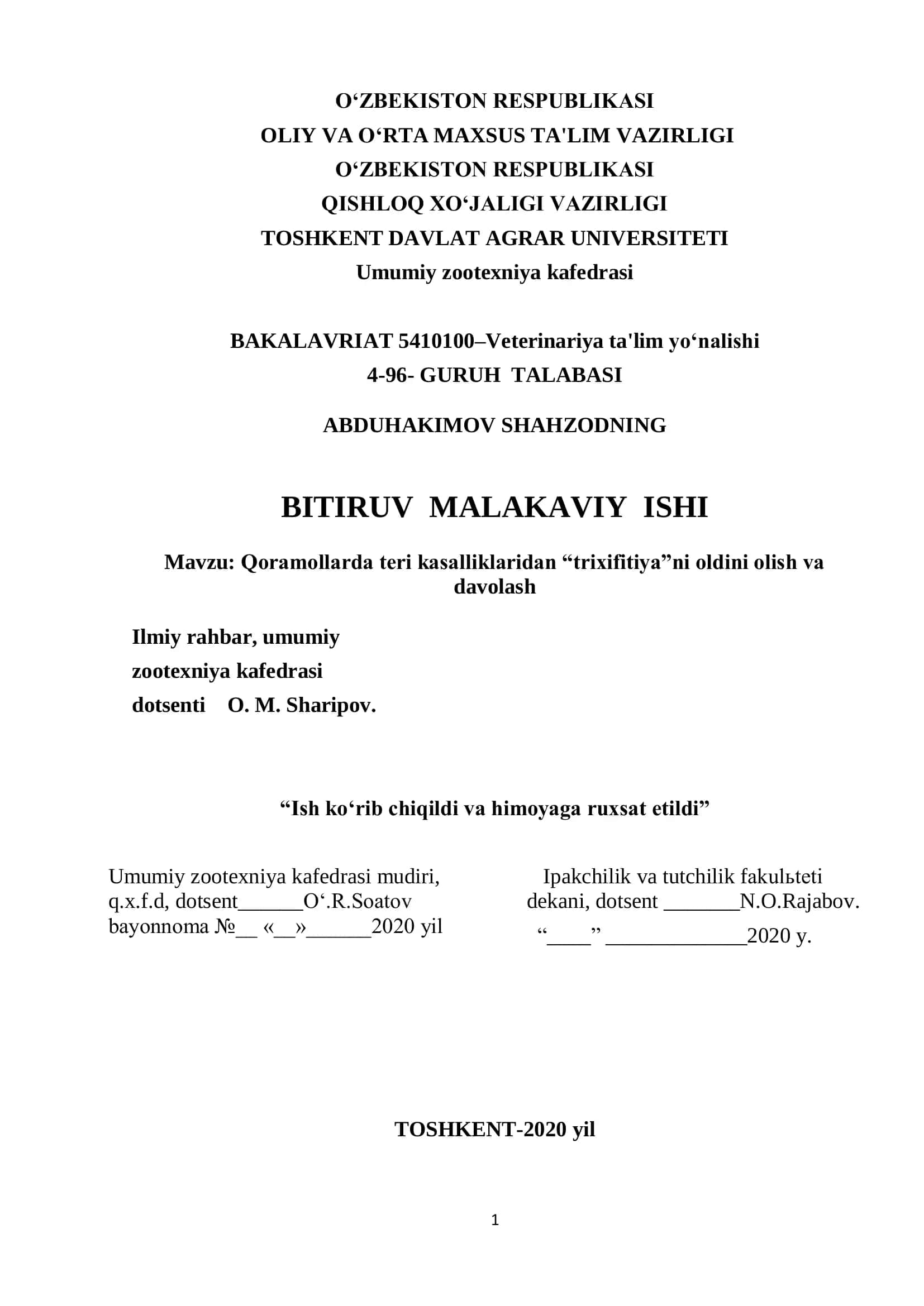 Qoramollarda teri kasalliklaridan “trixifitiya”ni oldini olish va