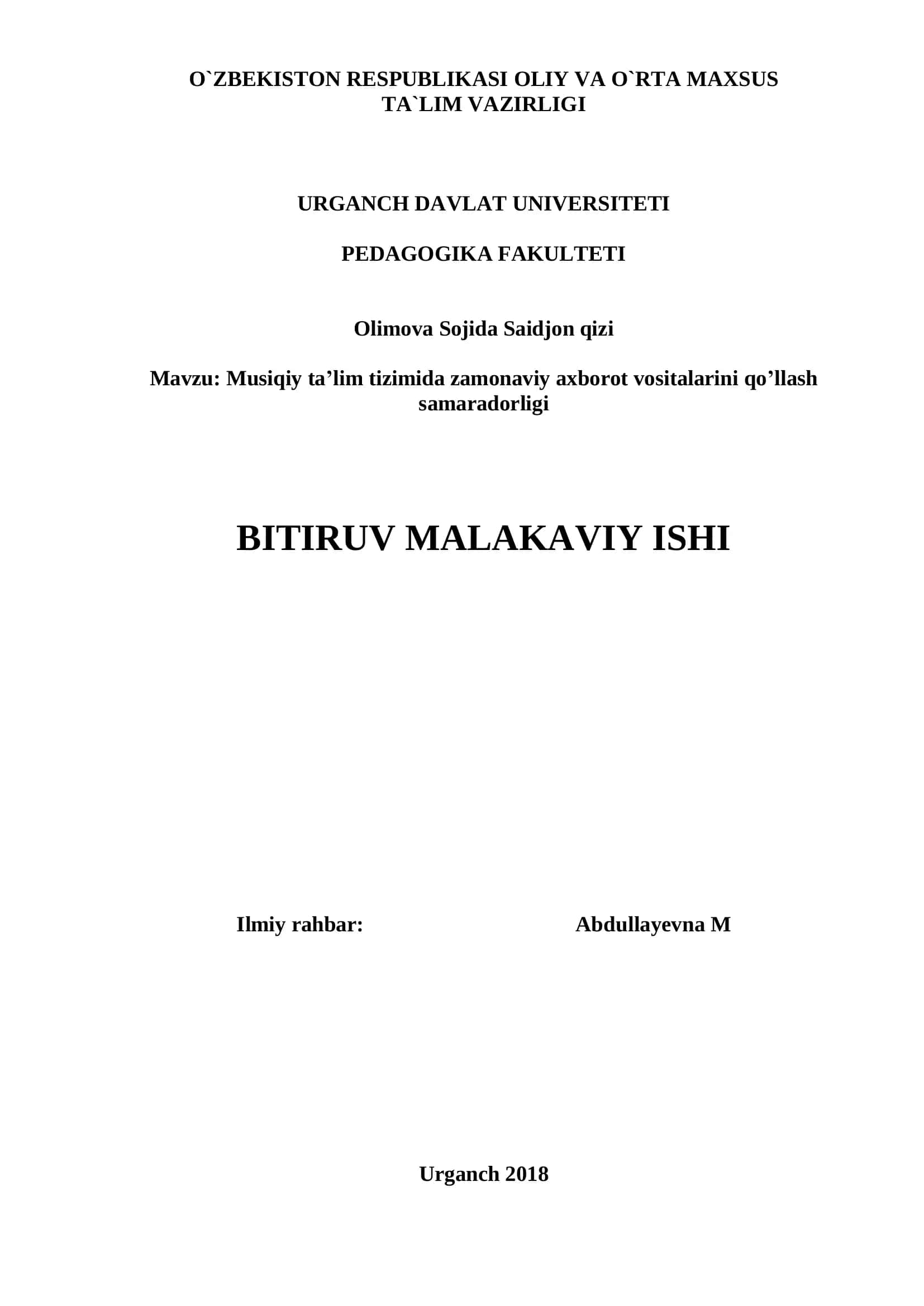 Musiqiy ta’lim tizimida zamonaviy axborot vositalarini qo’llash samaradorligi