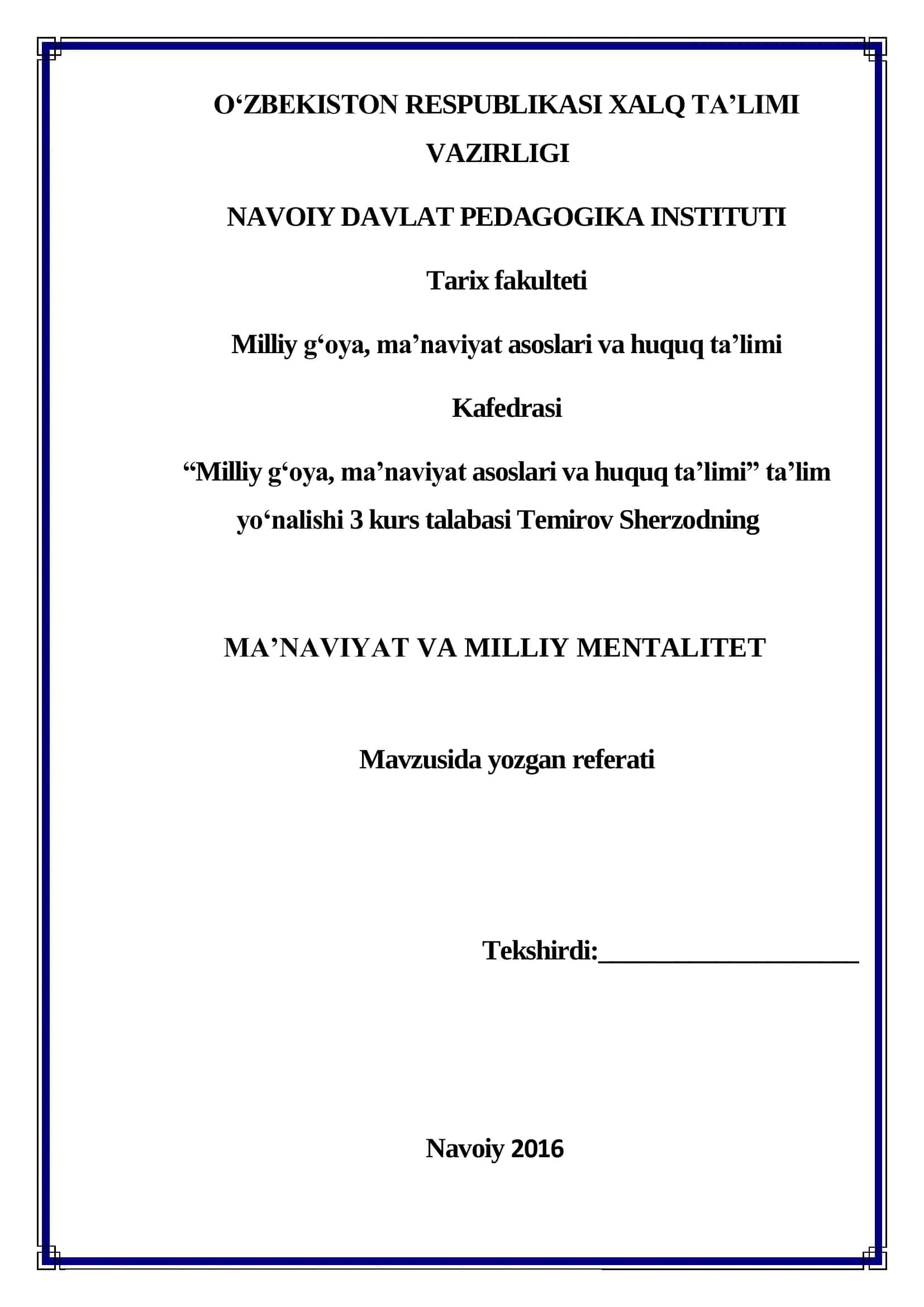 MA’NAVIYAT VA MILLIY MENTALITET referati