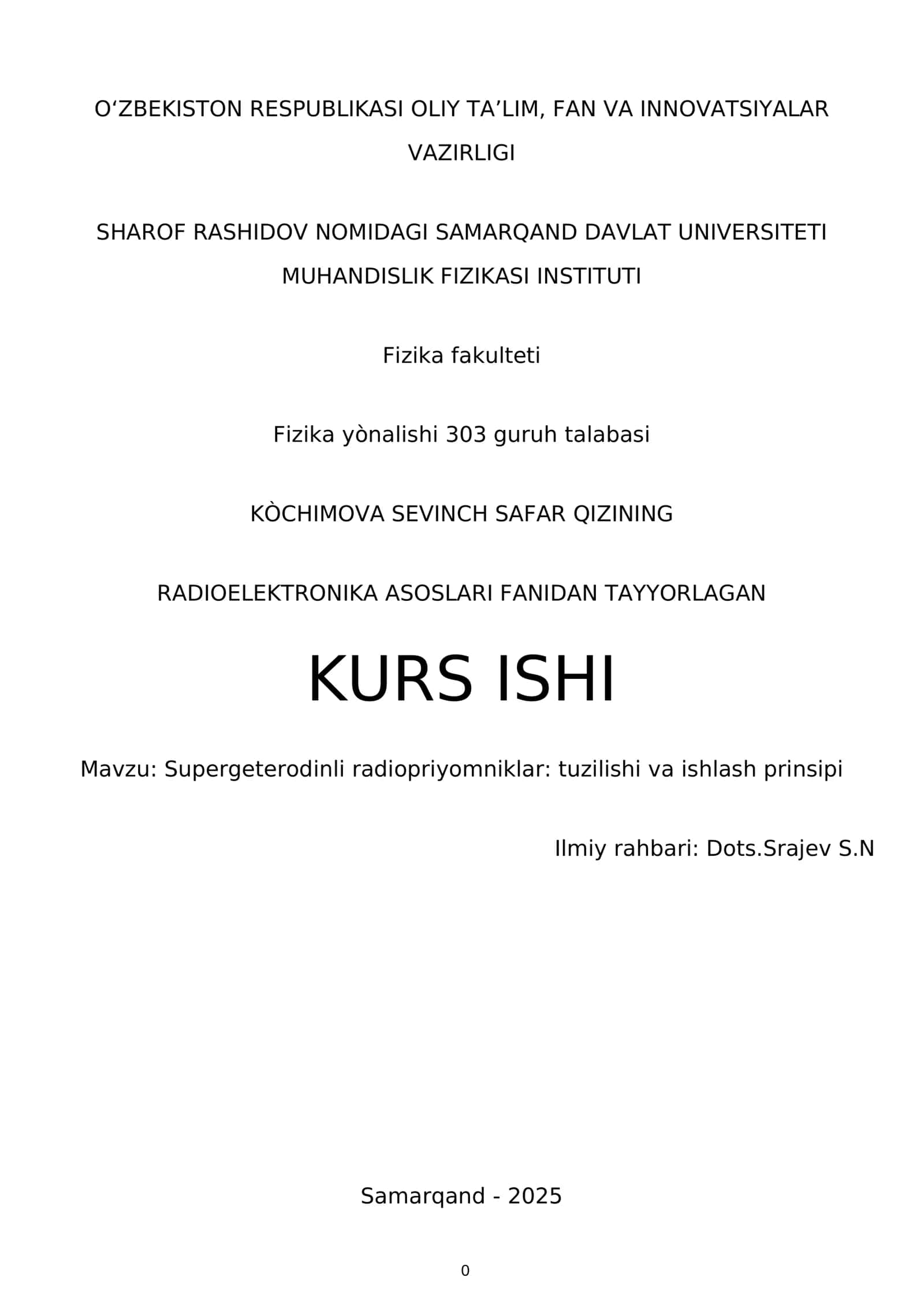 RADIOELEKTRONIKA ASOSLARI FANIDAN TAYYORLAGAN KURS ISHI