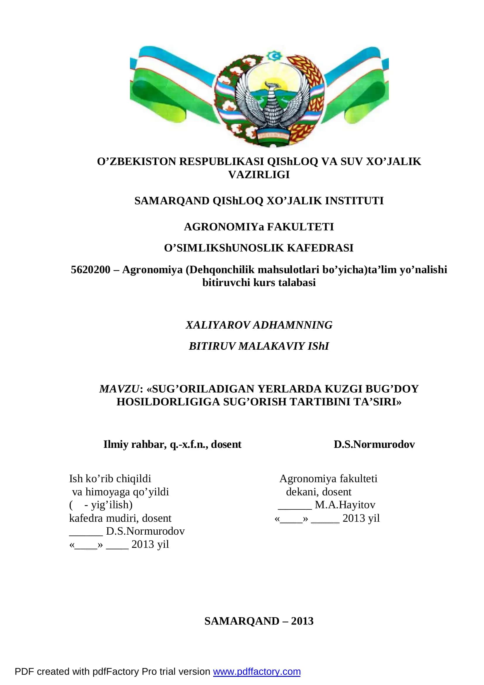 SUG’ORILADIGAN YERLARDA KUZGI BUG’DOY HOSILDORLIGIGA SUG’ORISH TARTIBINI TA’SIRI