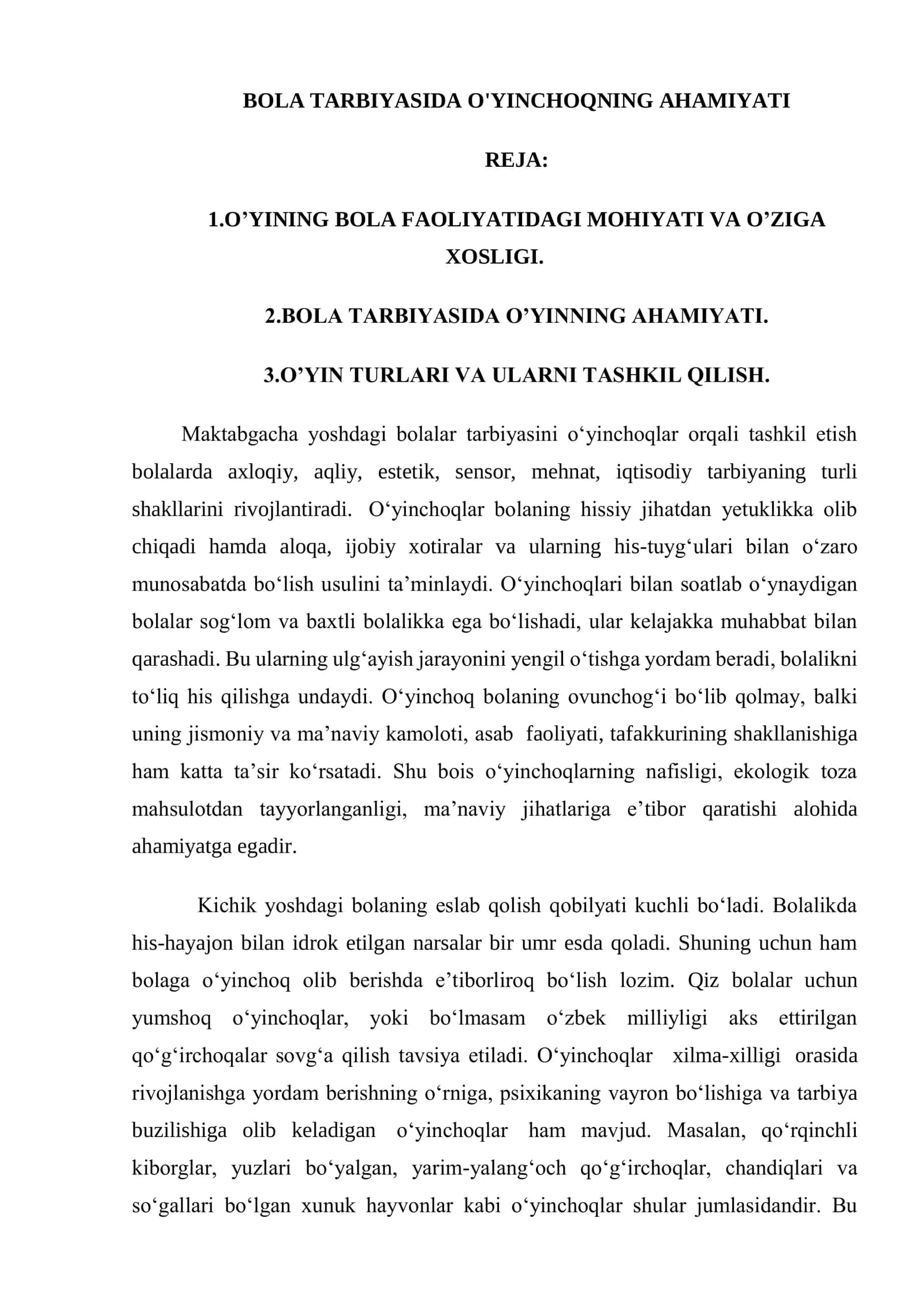 BOLA TARBIYASIDA O'YINCHOQNING AHAMIYATI