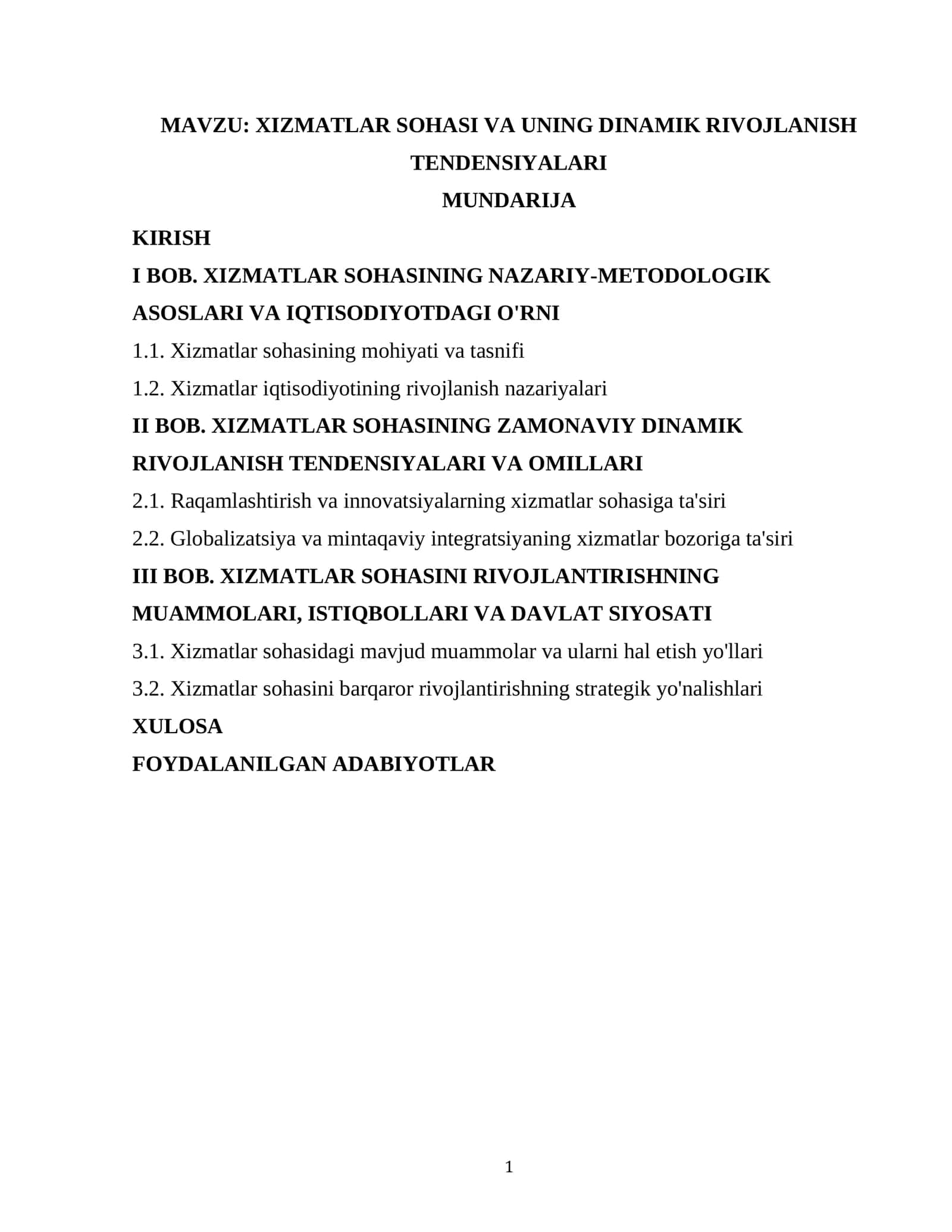 XIZMATLAR SOHASI VA UNING DINAMIK RIVOJLANISH TENDENSIYALARI