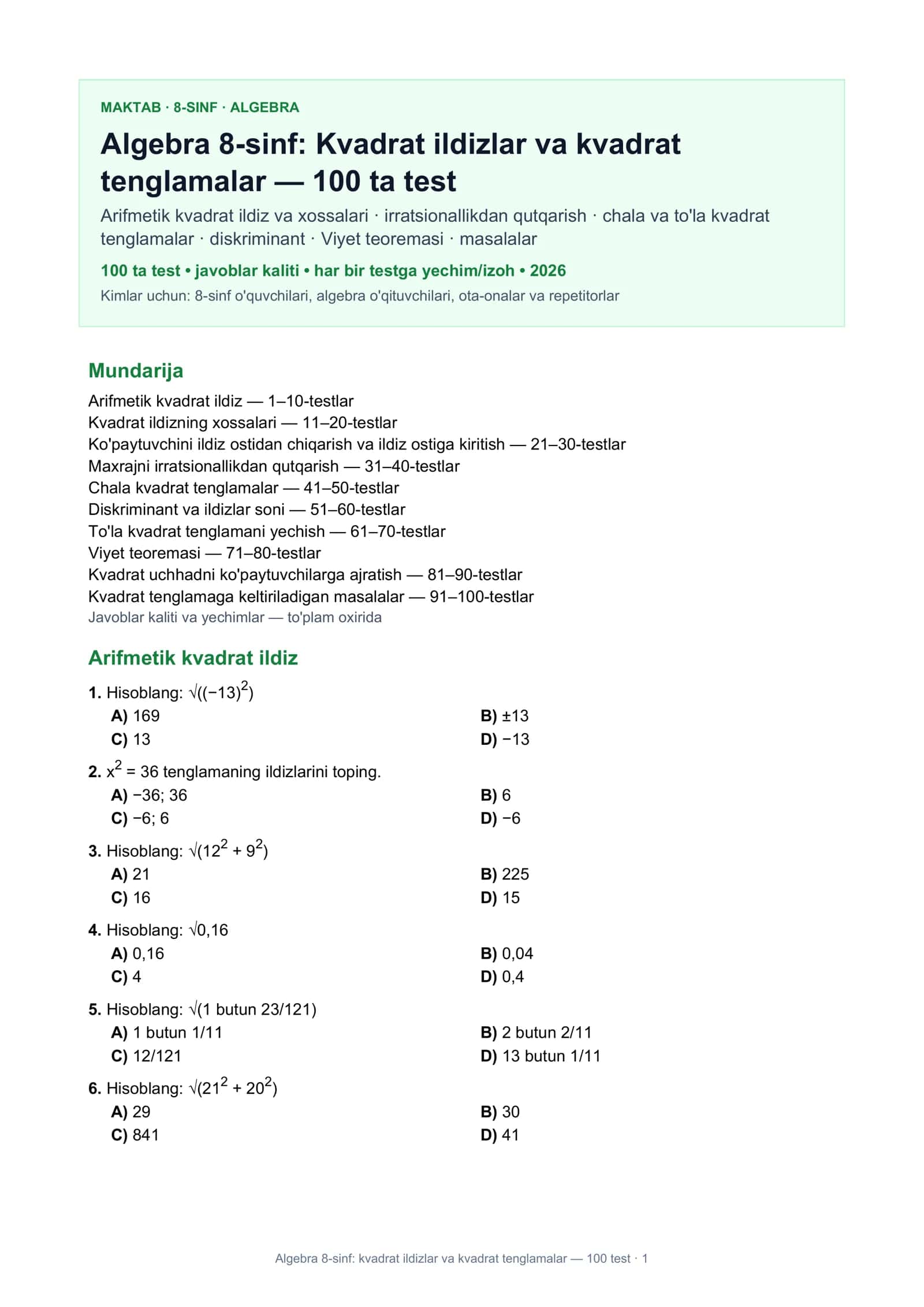 Algebra 8-sinf: kvadrat ildizlar va kvadrat tenglamalar