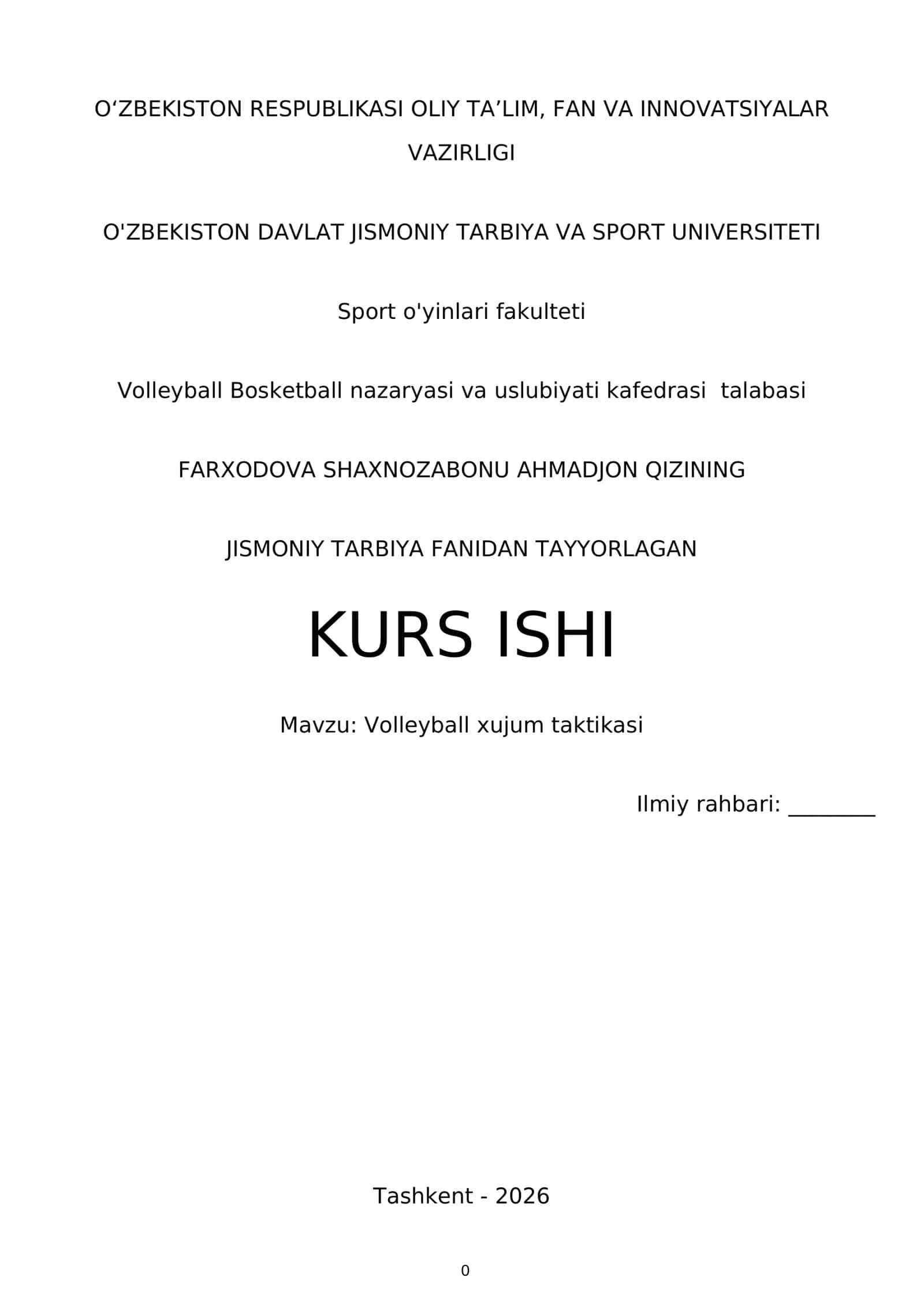 Volleyball xujum taktikasi kurs ishi