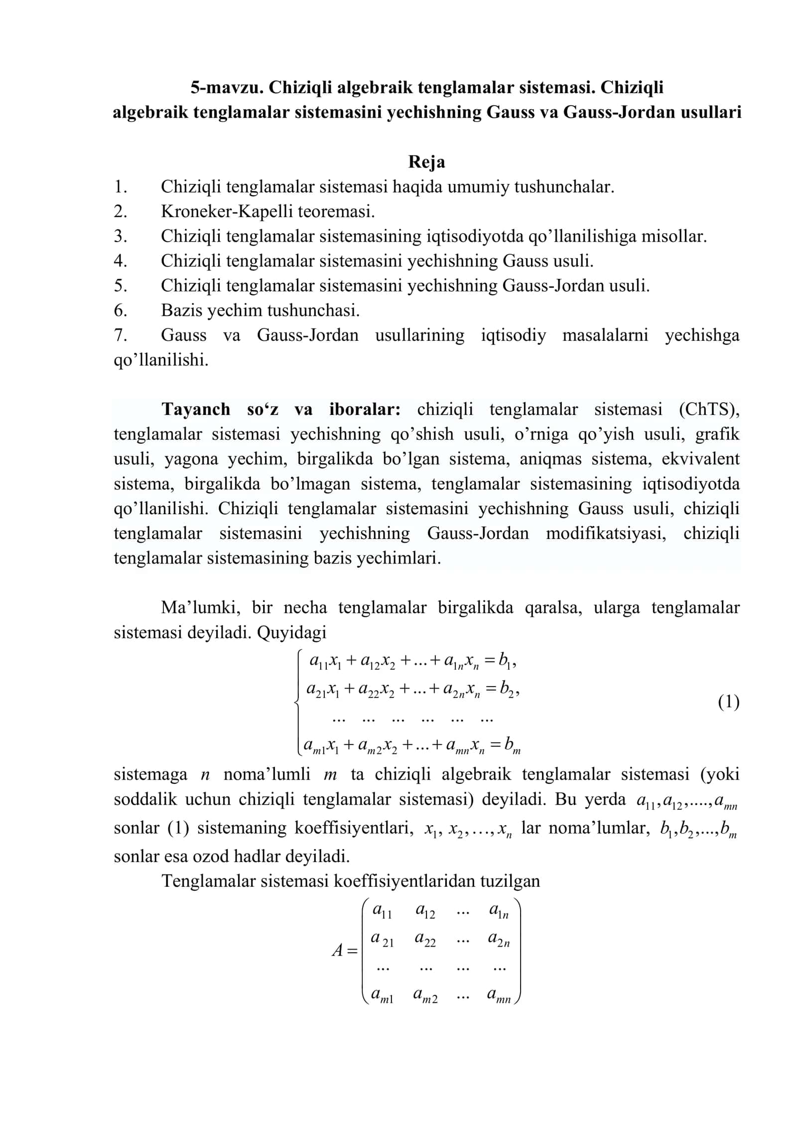 Chiziqli algebraik tenglamalar sistemasi
