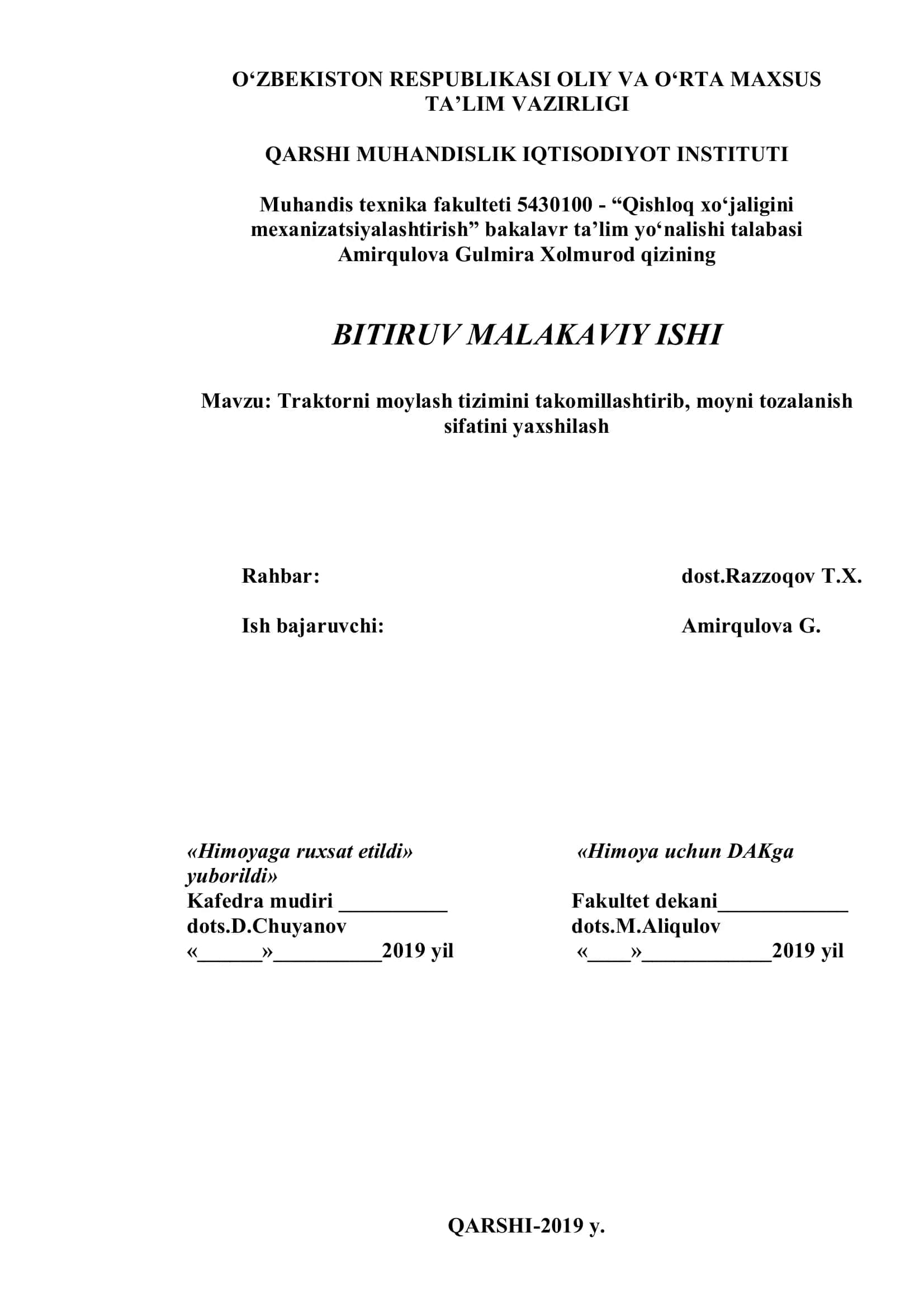 Traktorni moylash tizimini takomillashtirib, moyni tozalanish sifatini yaxshilash