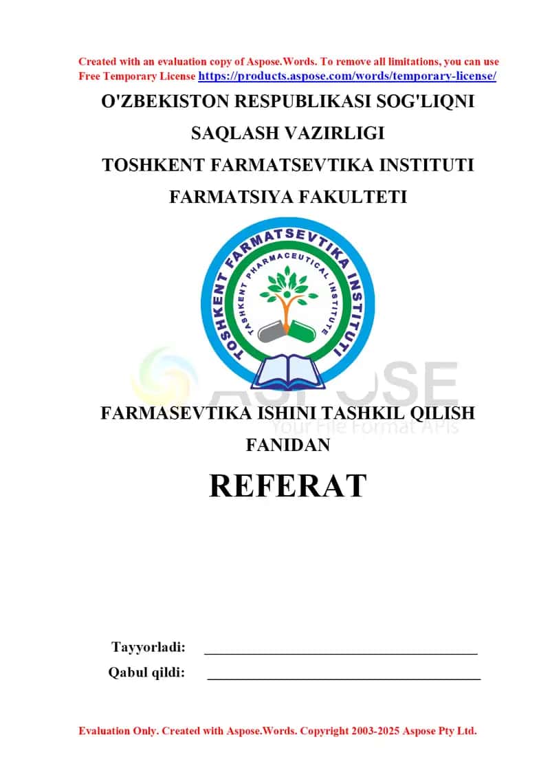 5. Shifoxonada formulyar tizimini qo‘llanilishi. Referat 8 bet.