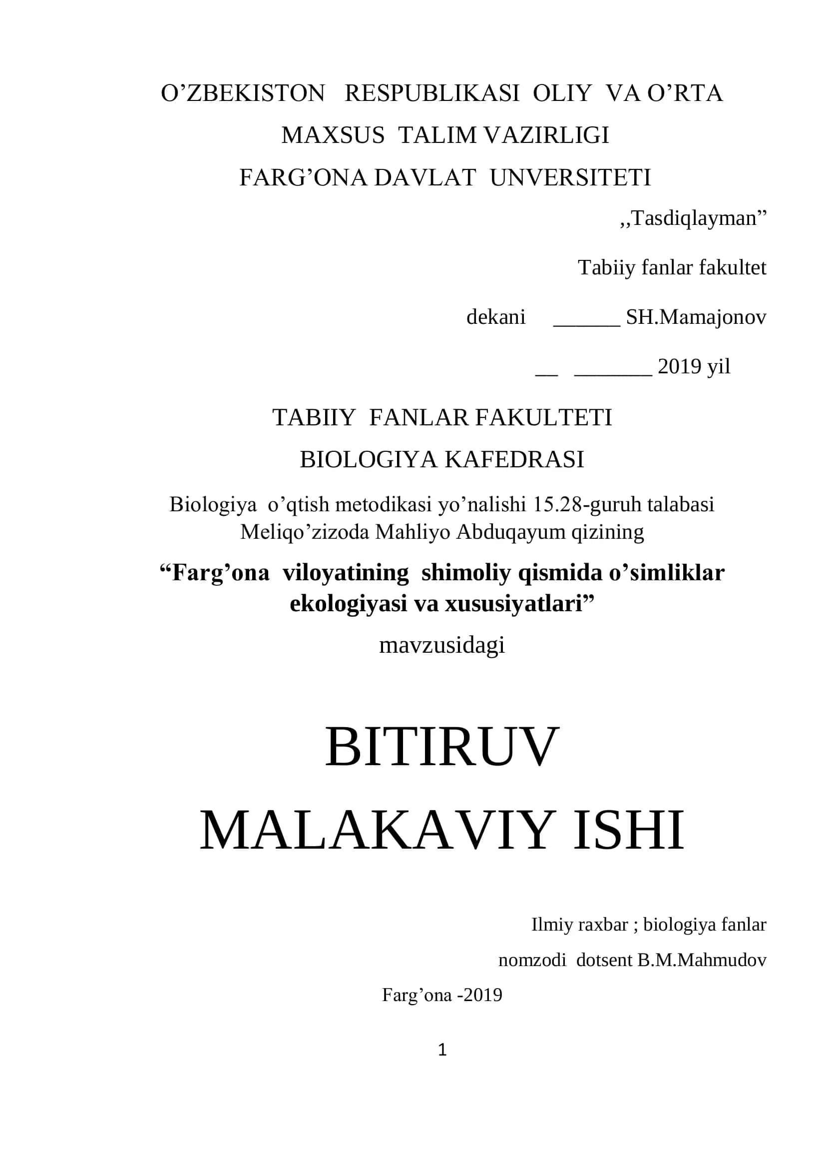 Biologiya o’qtish metodikasi yo’nalishi 15.28-guruh talabasi