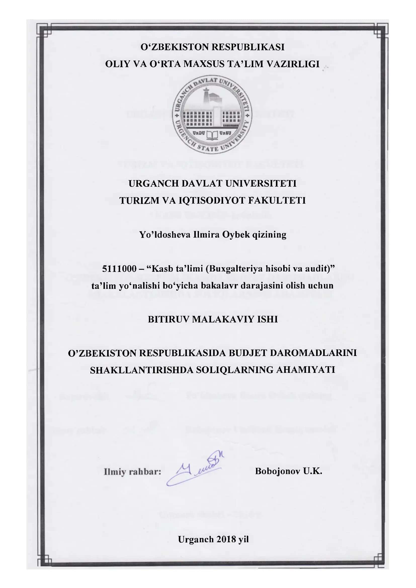 O'ZBEKISTON RESPUBLIKASIDA BUDJET DAROMADLARINI SHAKLLANTIRISHDA SOLIQLARNING AHAMIYATI
