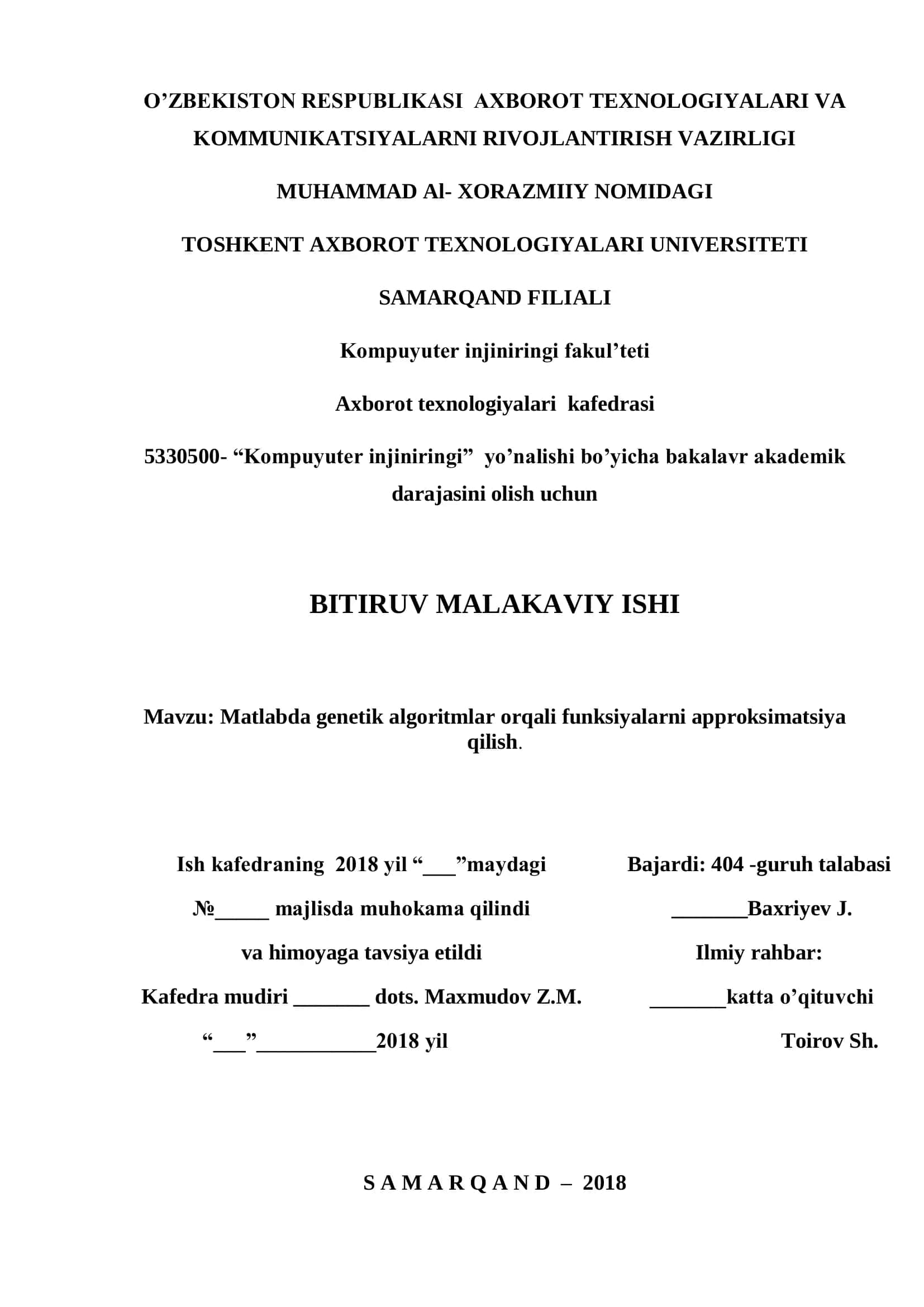 MATLABDA GENETIK ALGORITMLAR ORQALI FUNKSIYALARNI APPROKSIMATSIYA QILISH