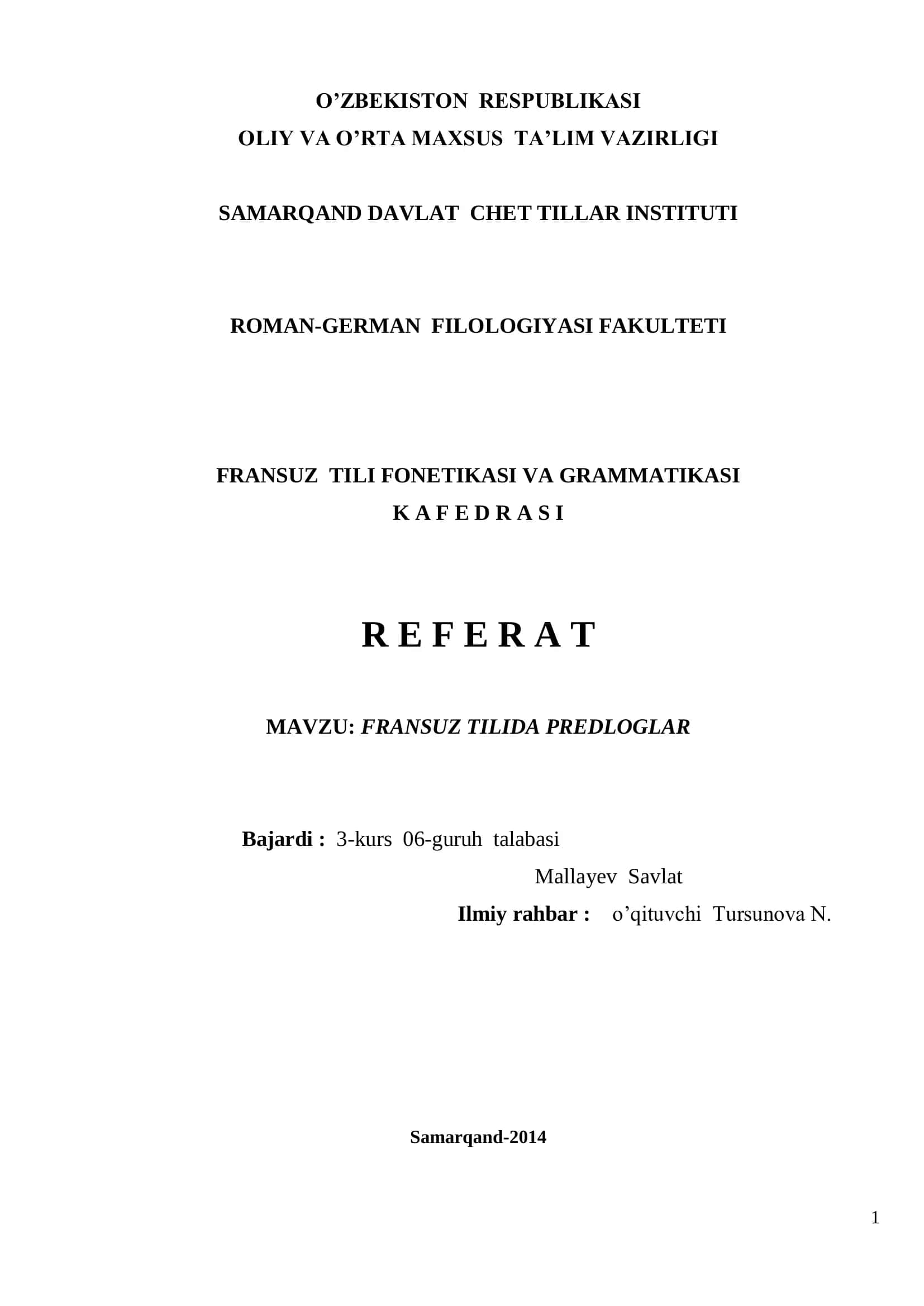 FRANSUZ TILIDA PREDLOGLAR