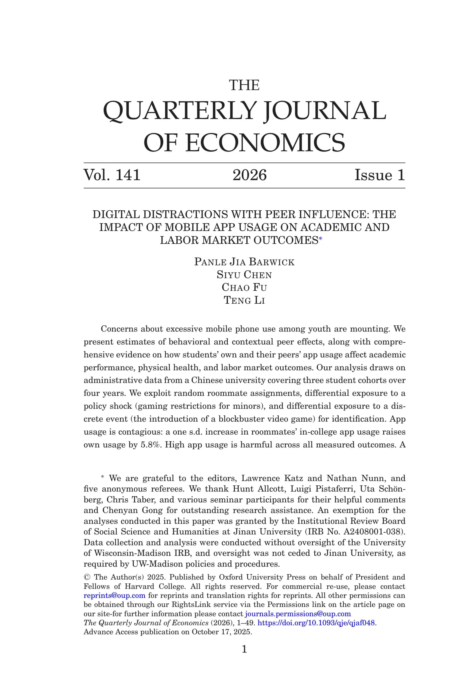 DIGITAL DISTRACTIONS WITH PEER INFLUENCE: THE IMPACT OF MOBILE APP USAGE ON ACADEMIC AND LABOR MARKET OUTCOMES
