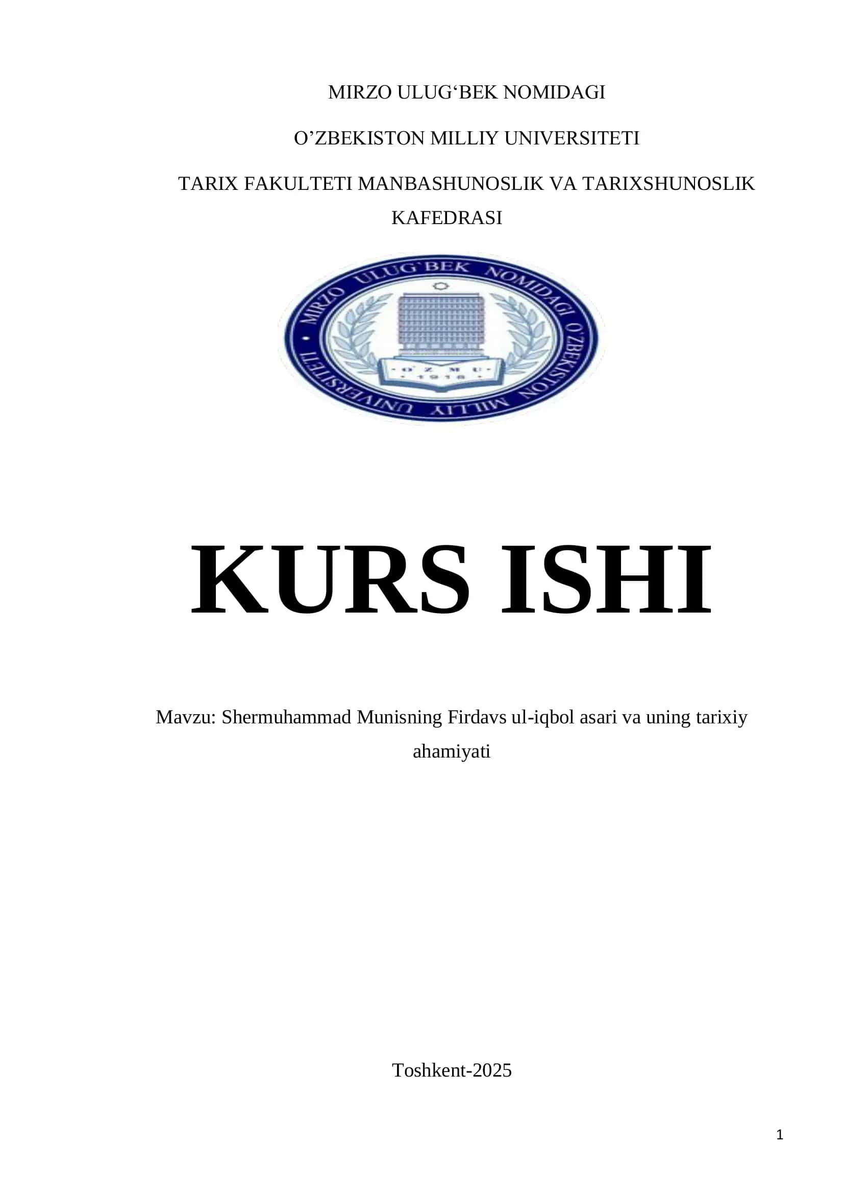 Shermuhammad Munisning Firdavs ul-iqbol asari va uning tarixiy ahamiyati
