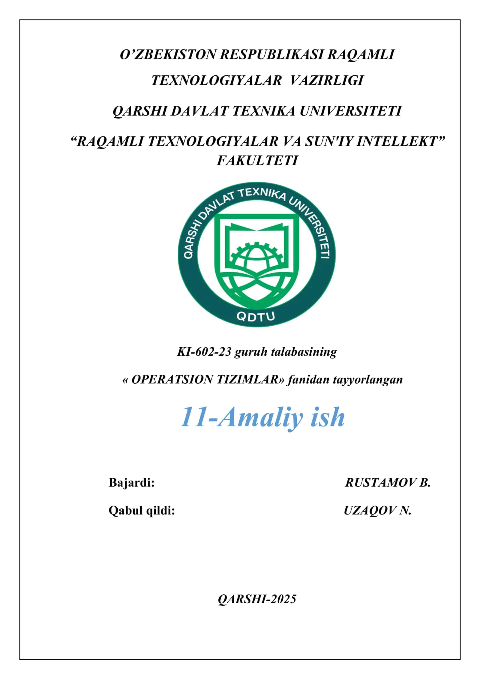 11-Amaliy ish "Operatsion tizimlar xavfsizlik komponentalari"