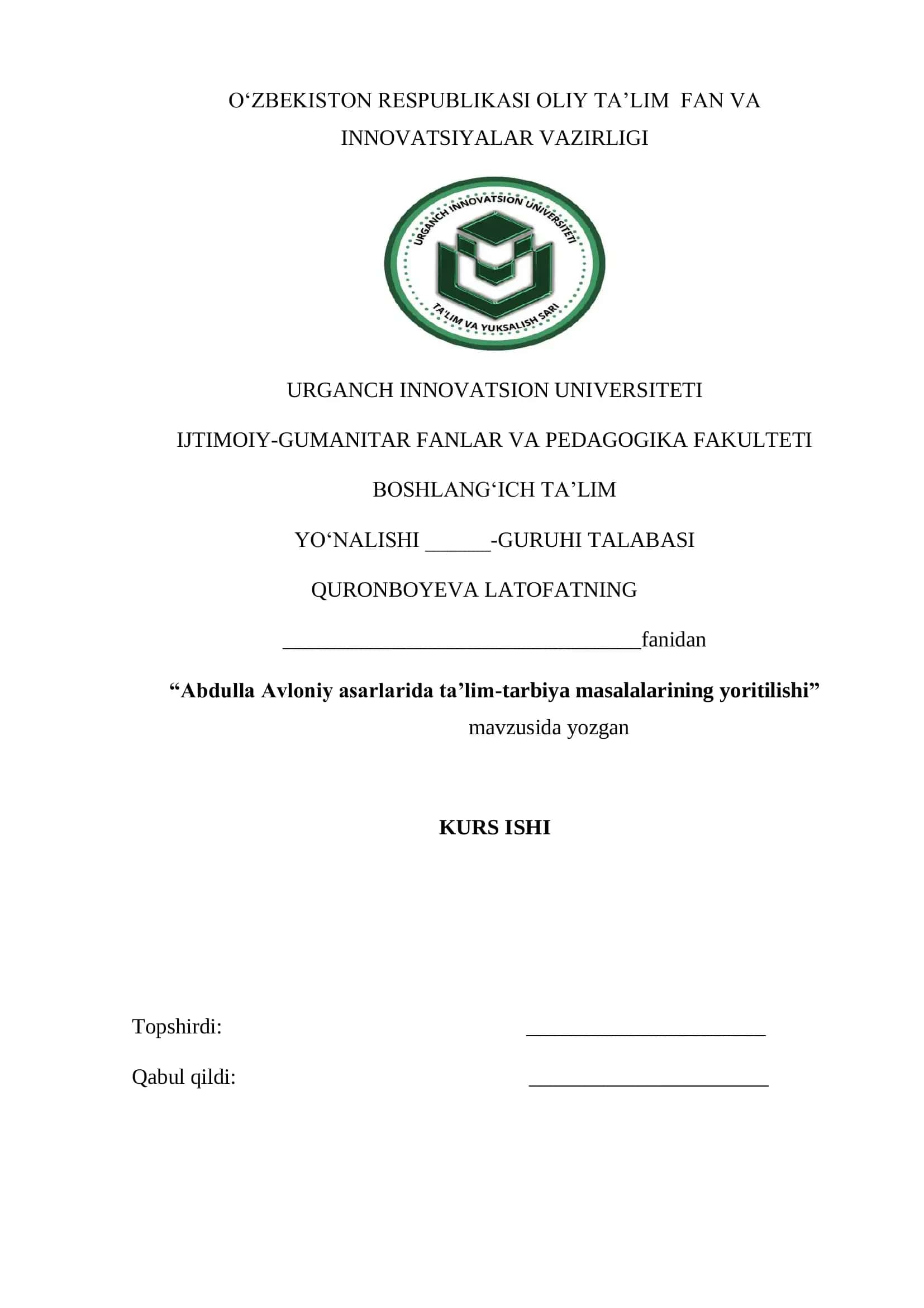 Abdulla Avloniy asarlarida ta'lim-tarbiya masalalarining yoritilishi