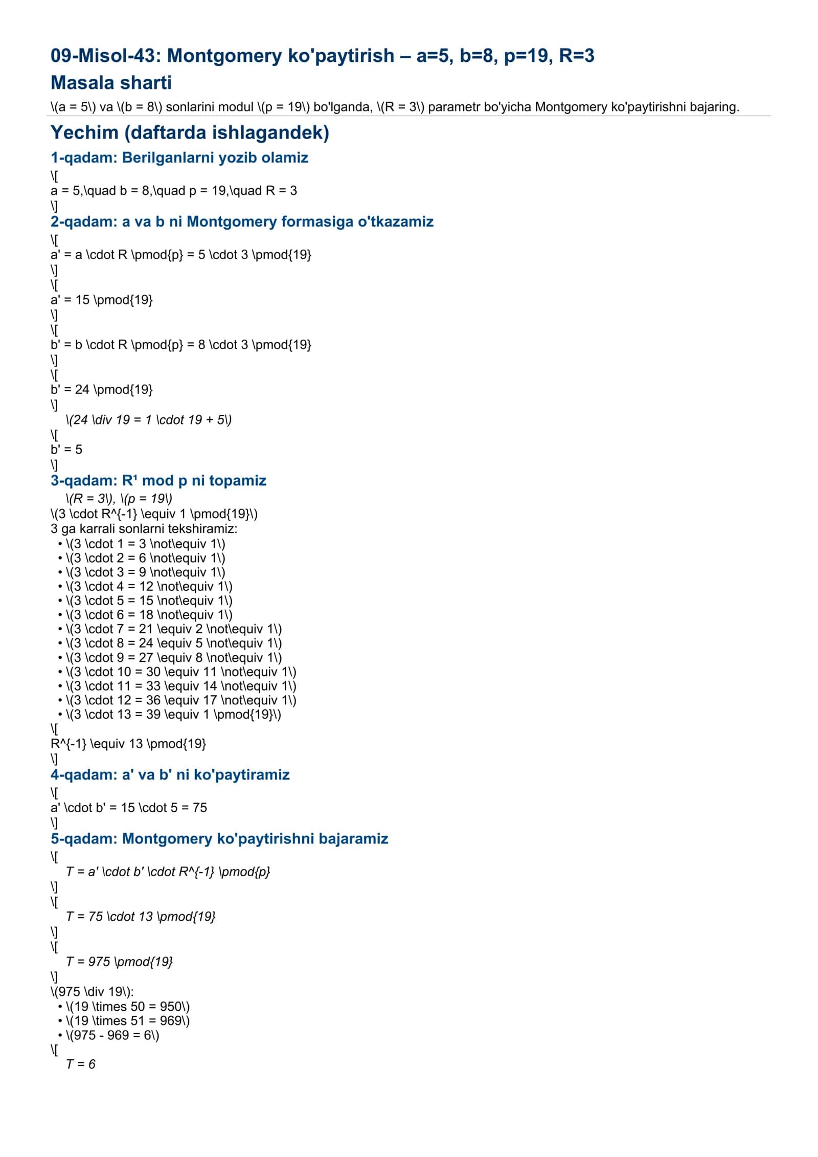 Montgomery ko'paytirish – a=5, b=8, p=19, R=3