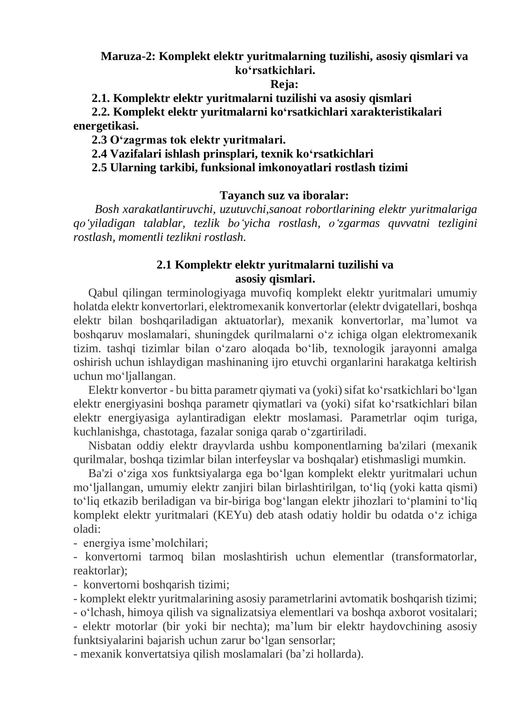 Maruza-2: Komplekt elektr yuritmalarning tuzilishi, asosiy qismlari va koʻrsatkichlari