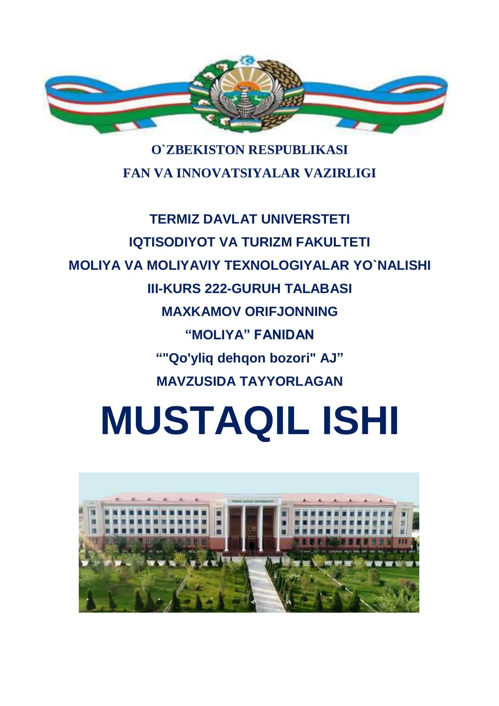 "Qo'yliq dehqon bozori" AJ Mustaqil ishi