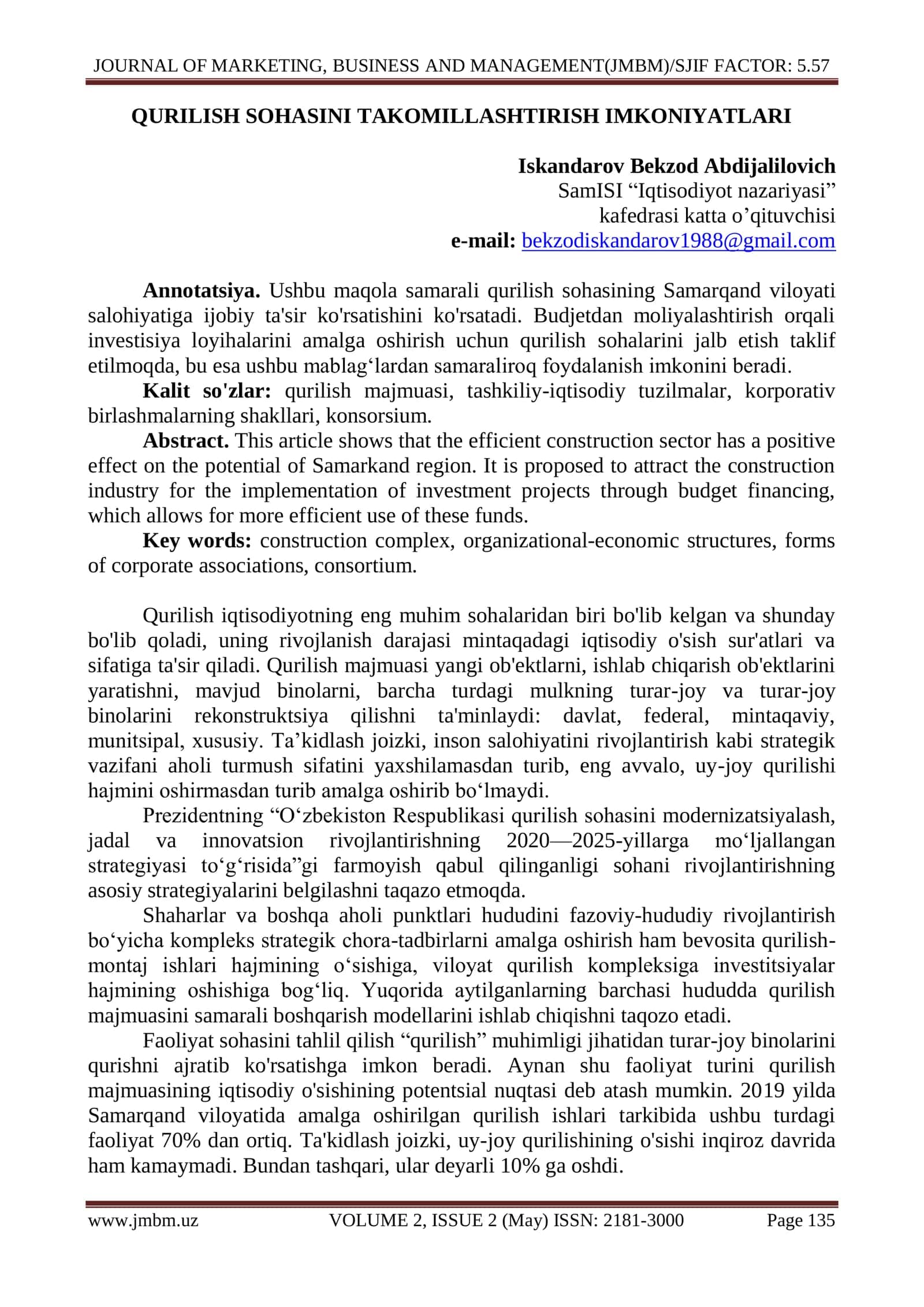 QURILISH SOHASINI TAKOMILLASHTIRISH IMKONIYATLARI