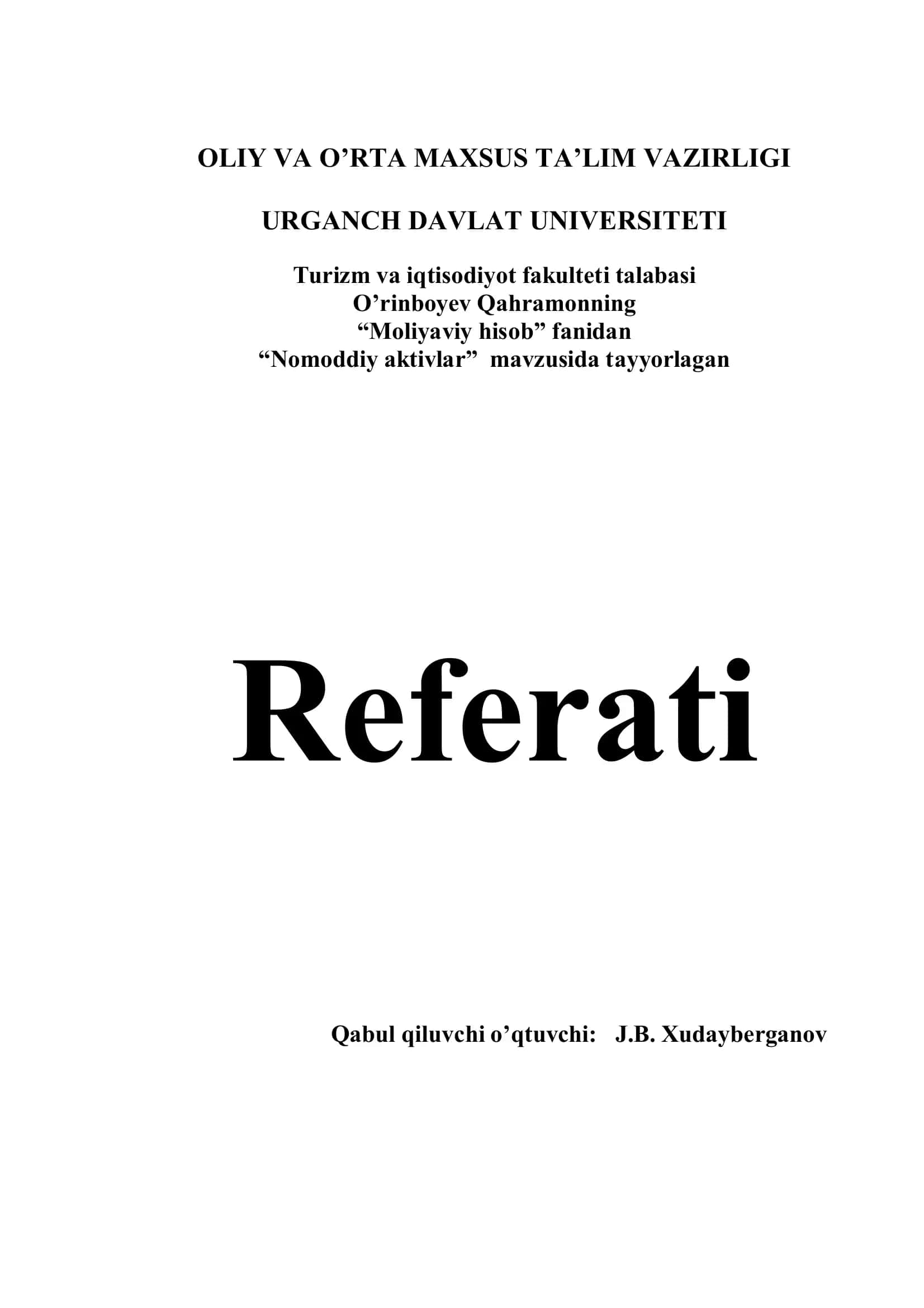 Nomoddiy aktivlar Referati