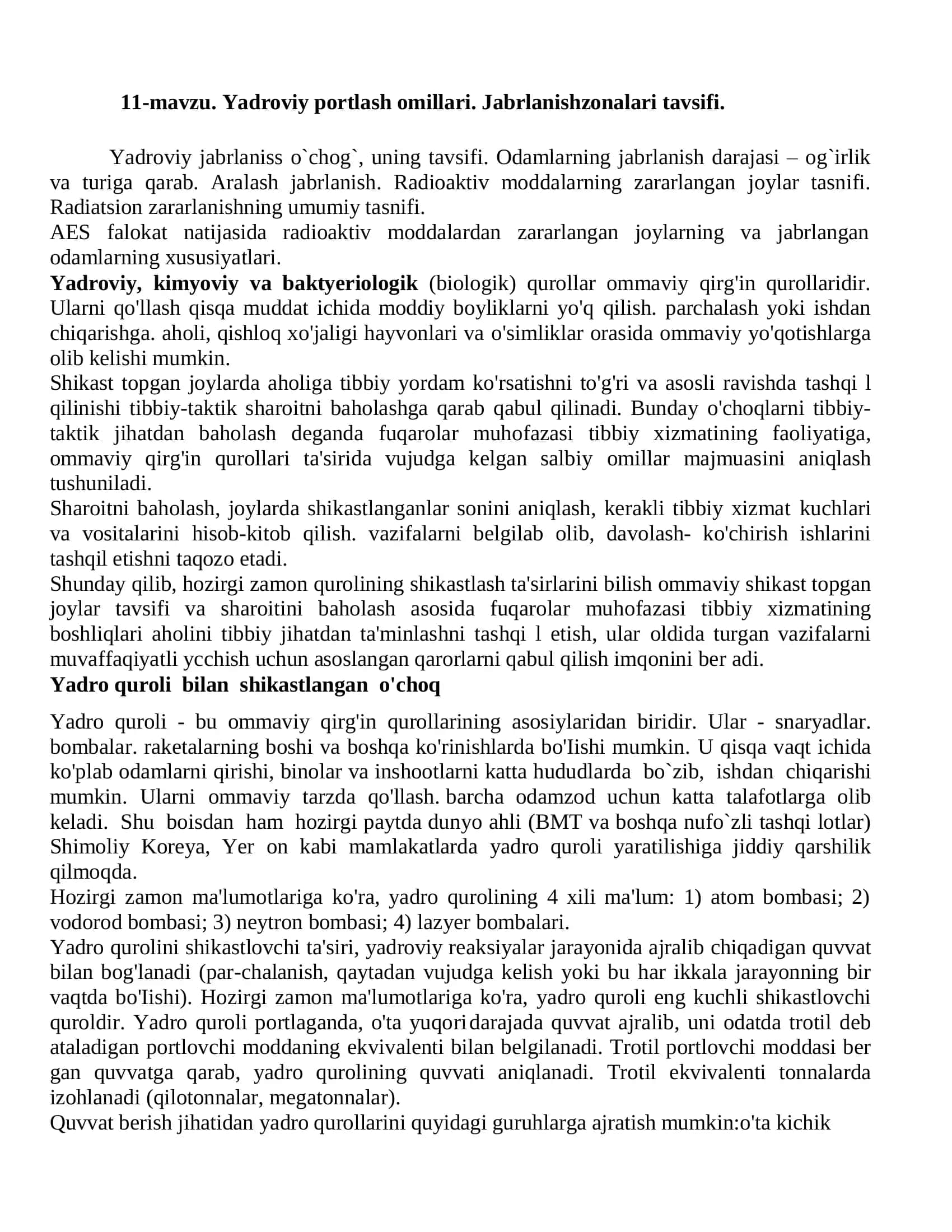 Yadroviy portlash omillari. Jabrlanishzonalari tavsifi.