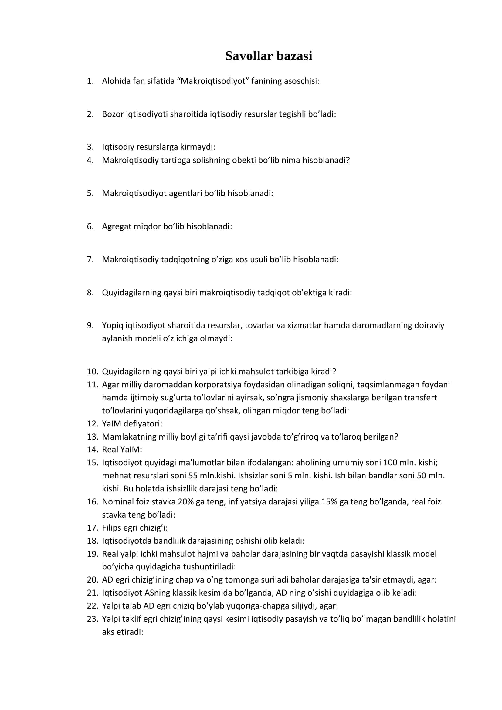 Makroiqtisodiyot fanidan savollar