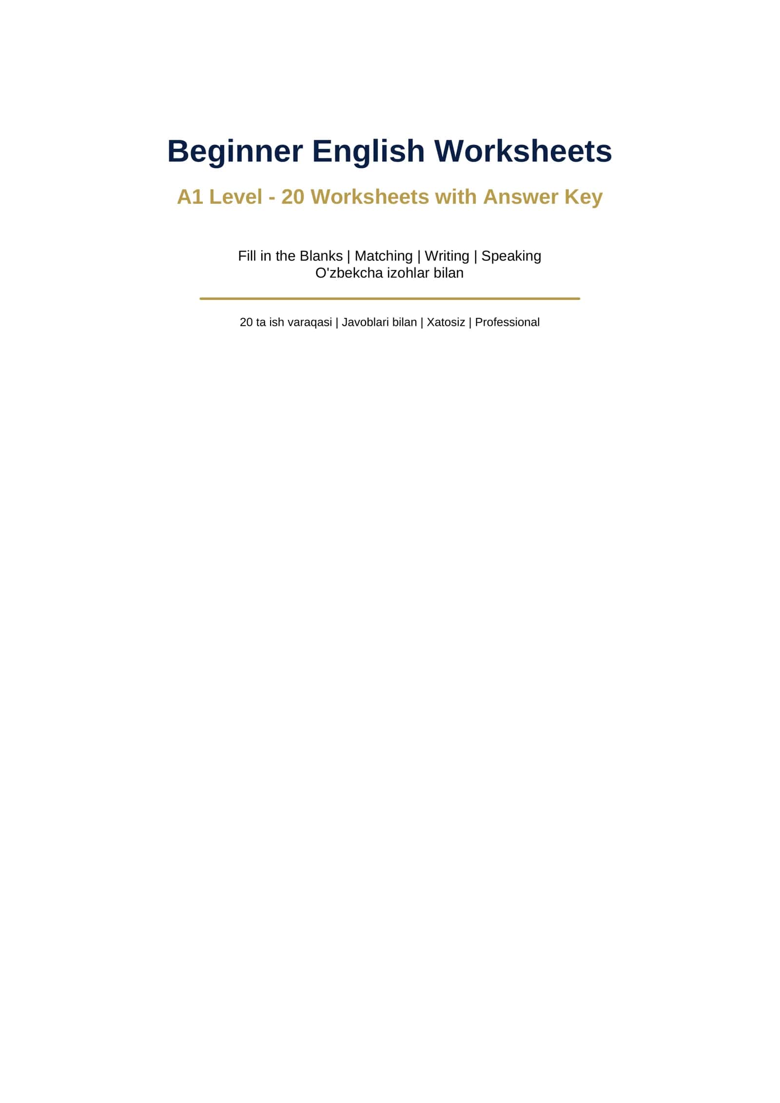 Beginner English Worksheets (ingiliz tili boshlangichalr uchun)