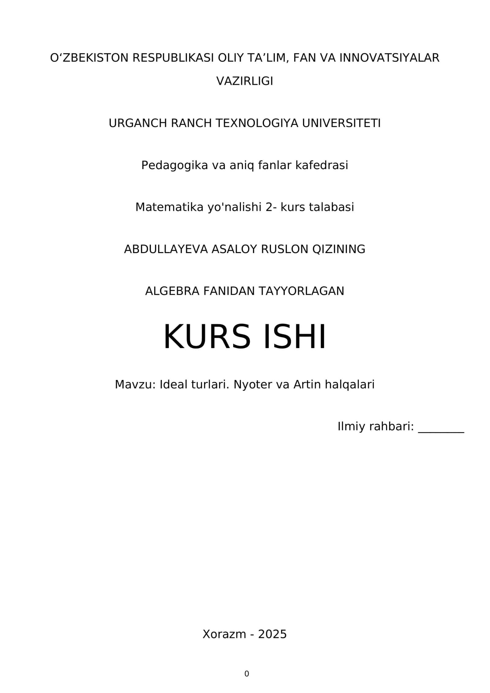 Ideal turlari. Nyoter va Artin halqalari KURS ISHI