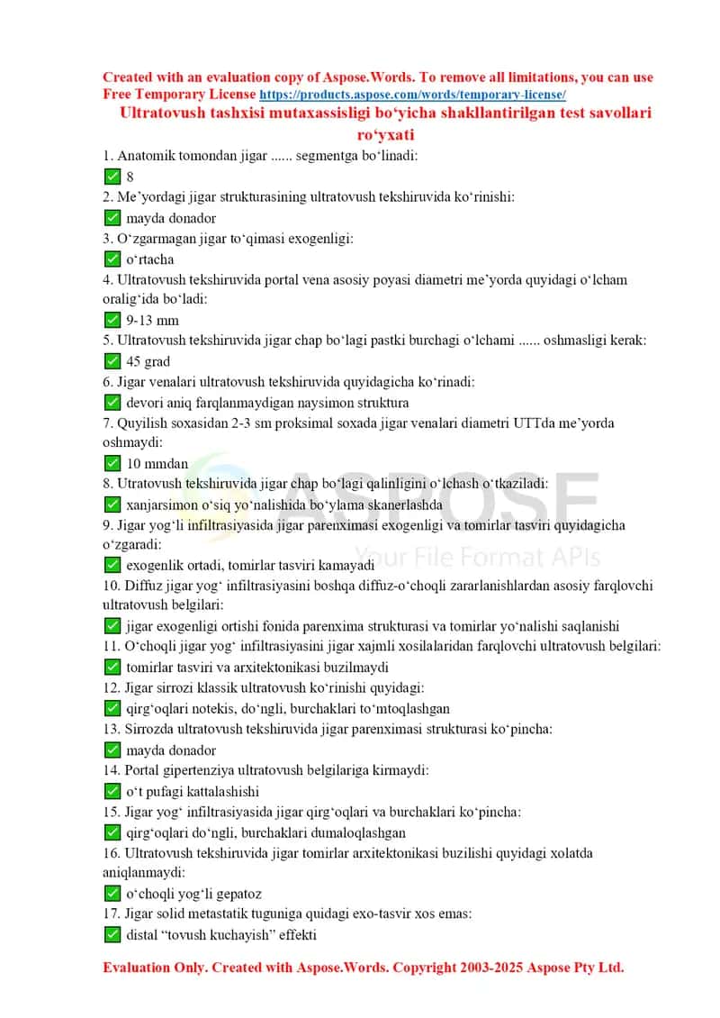Ultratovush tashxisi mutaxassisligi bo‘yicha test savollari roʻyxati
