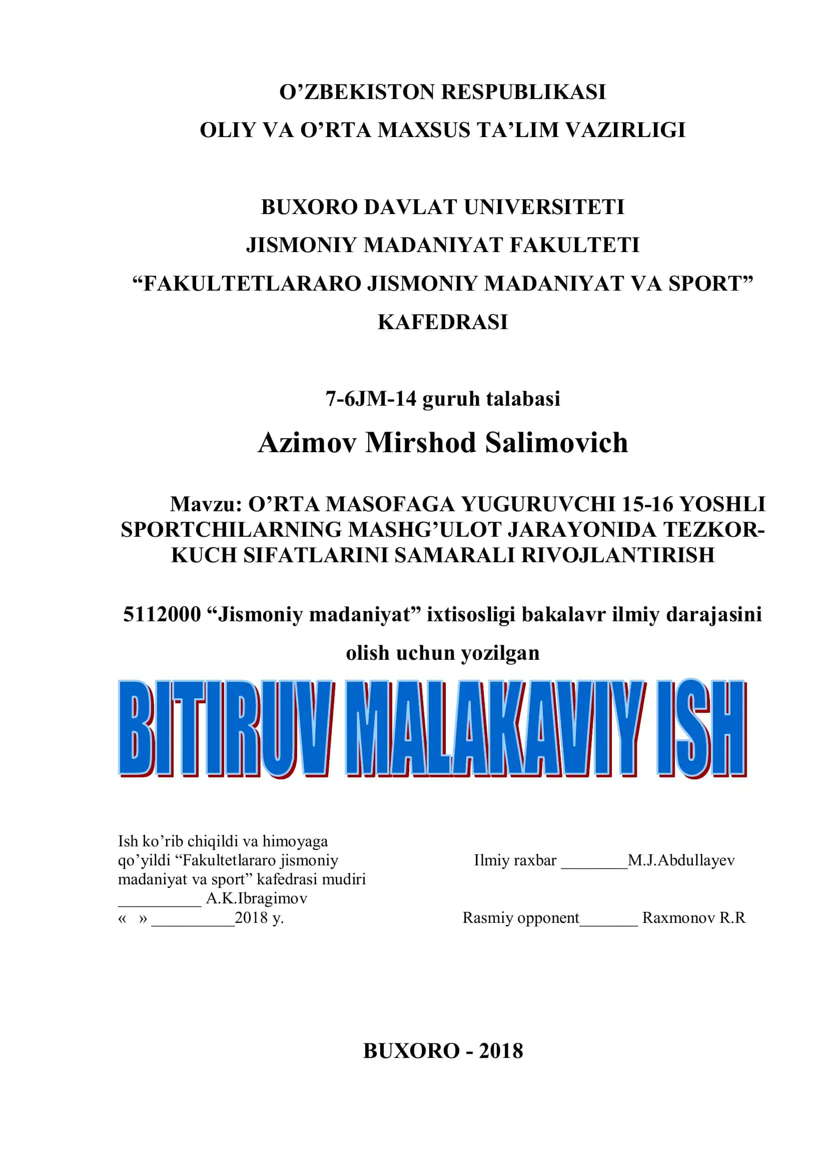 O’RTA MASOFAGA YUGURUVCHI 15-16 YOSHLI SPORTCHILARNING MASHG’ULOT JARAYONIDA TEZKOR- KUCH SIFATLARINI SAMARALI RIVOJLANTIRISH