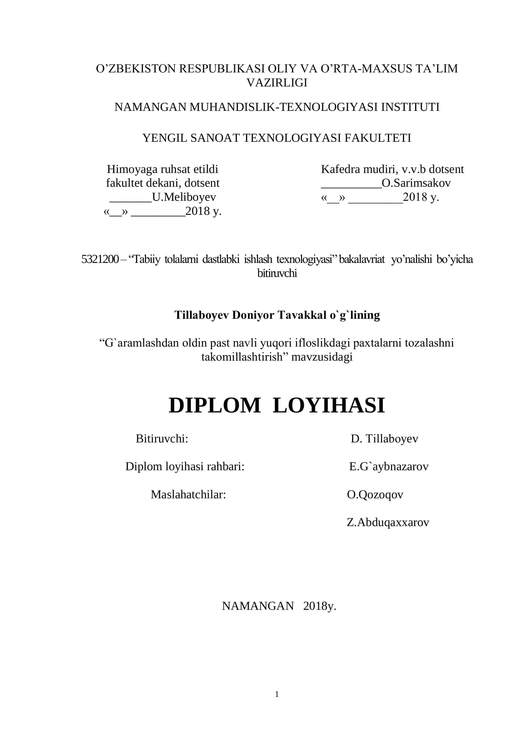 Tabiiy tolalarni dastlabki ishlash texnologiyasi bakalavriat