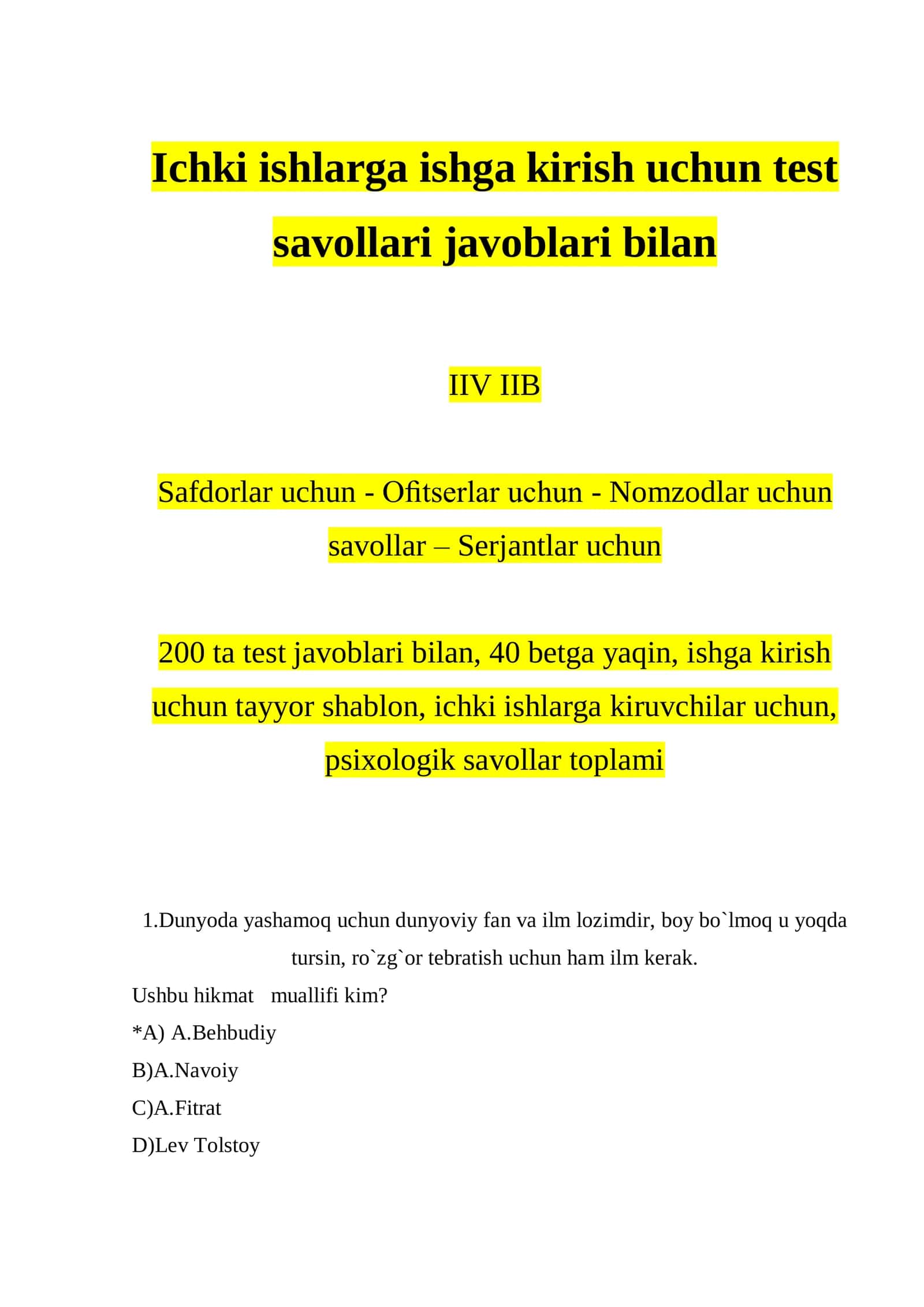 IIV Safdorlik va Serjantlik imtihonlari: 400 ta saralangan DTM test va javoblar bazasi