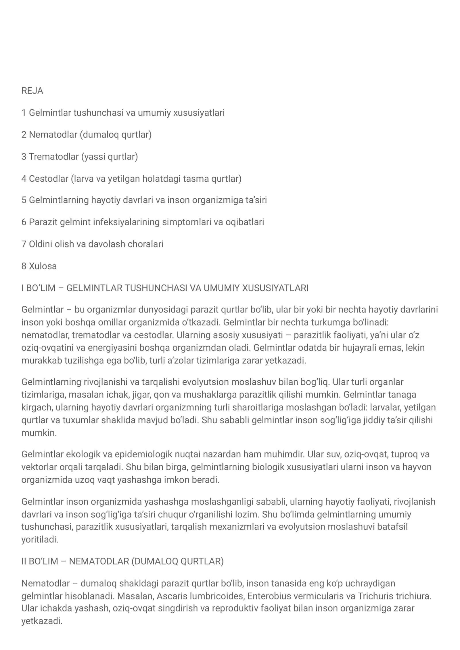 Gelmintlar tushunchasi va umumiy xususiyatlari