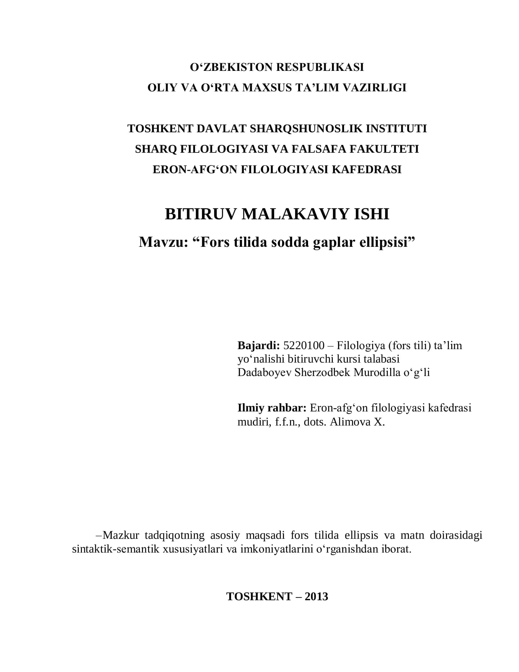 “Fors tilida sodda gaplar ellipsisi”