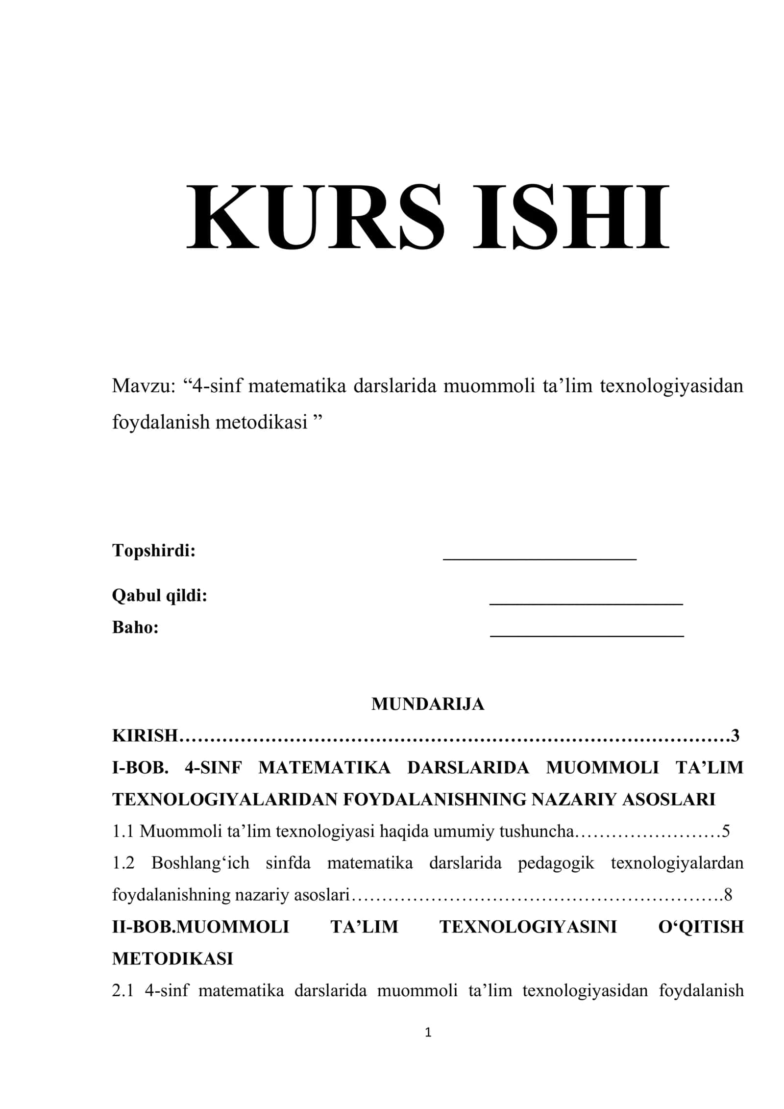 4-sinf matematika darslarida muommoli ta’lim texnologiyasidan foydalanish metodikasi