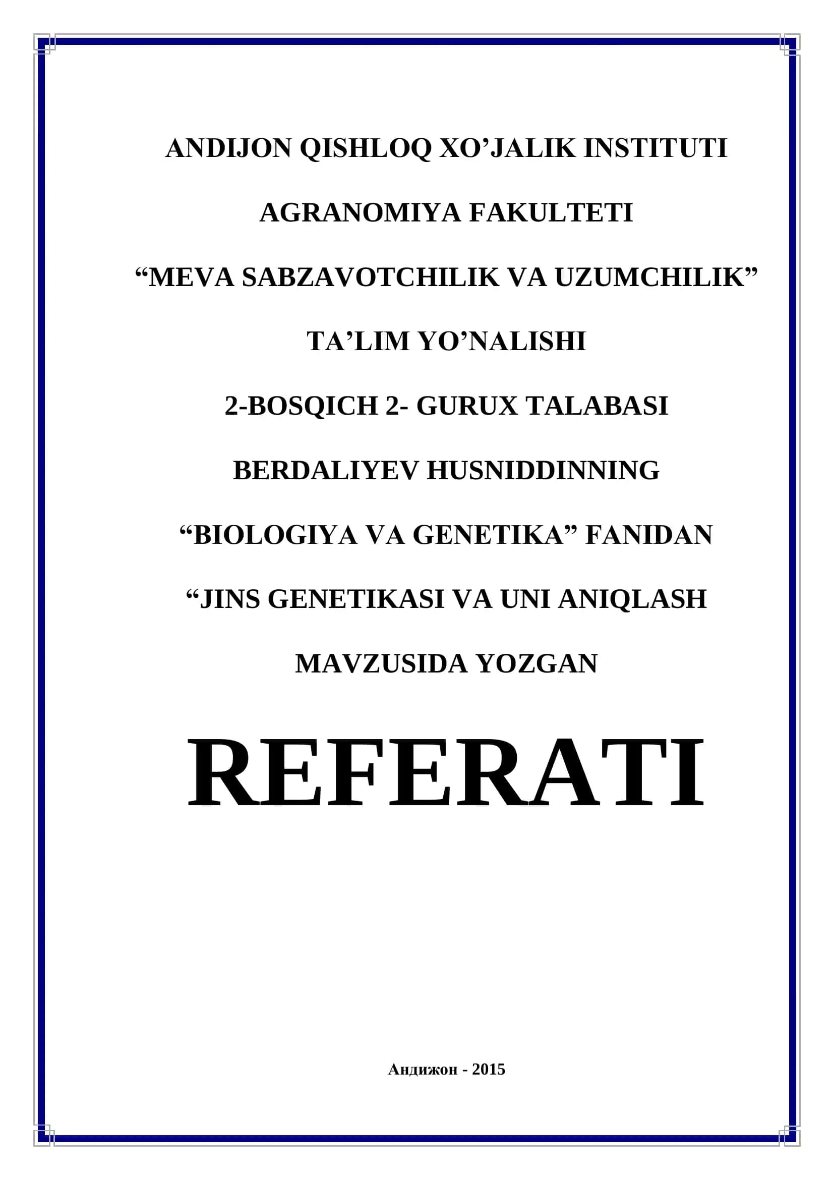 "Jins Genetikasi va Uni Aniqlash Mavzusida Referati"