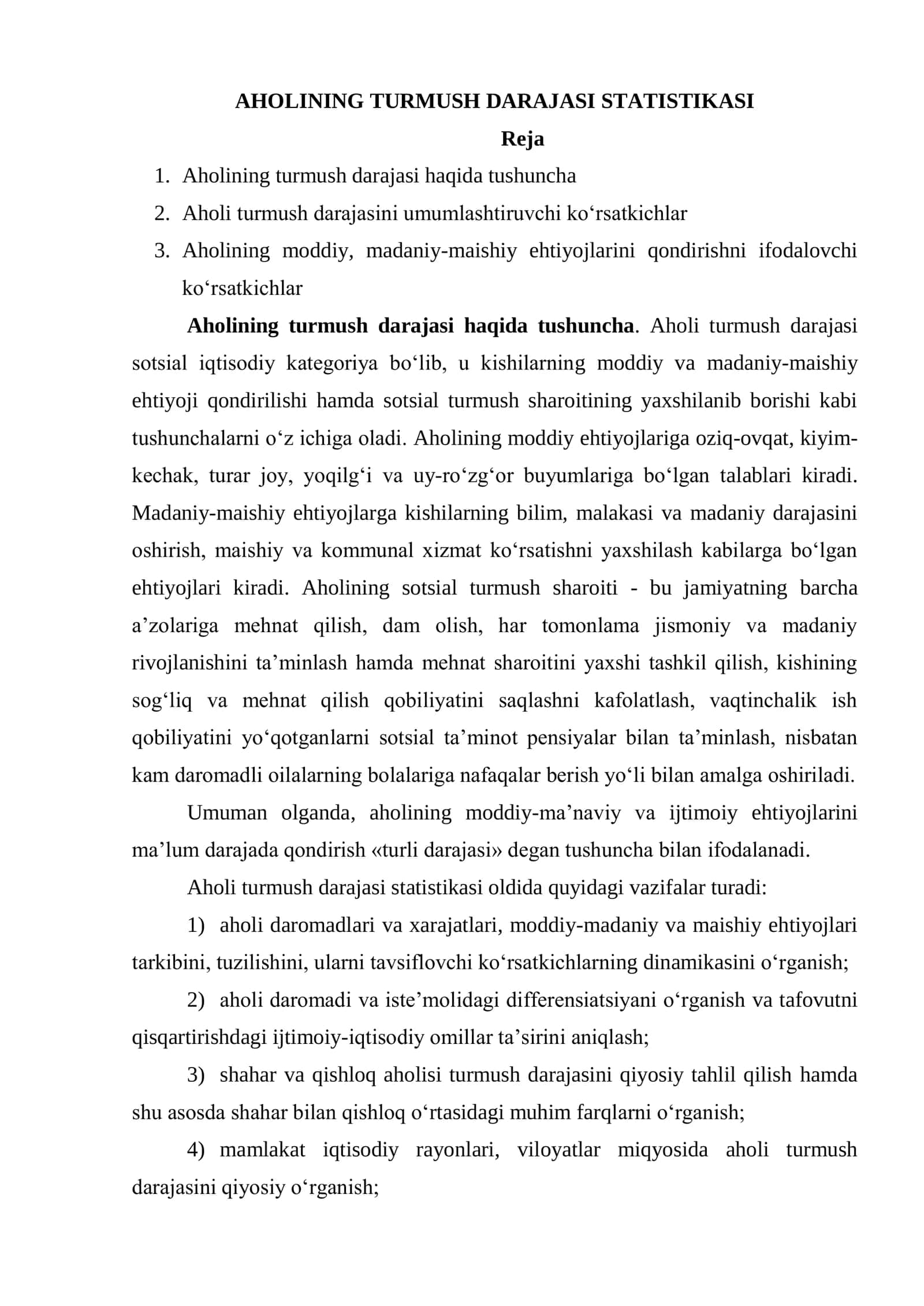 AHOLINING TURMUSH DARAJASI STATISTIKASI