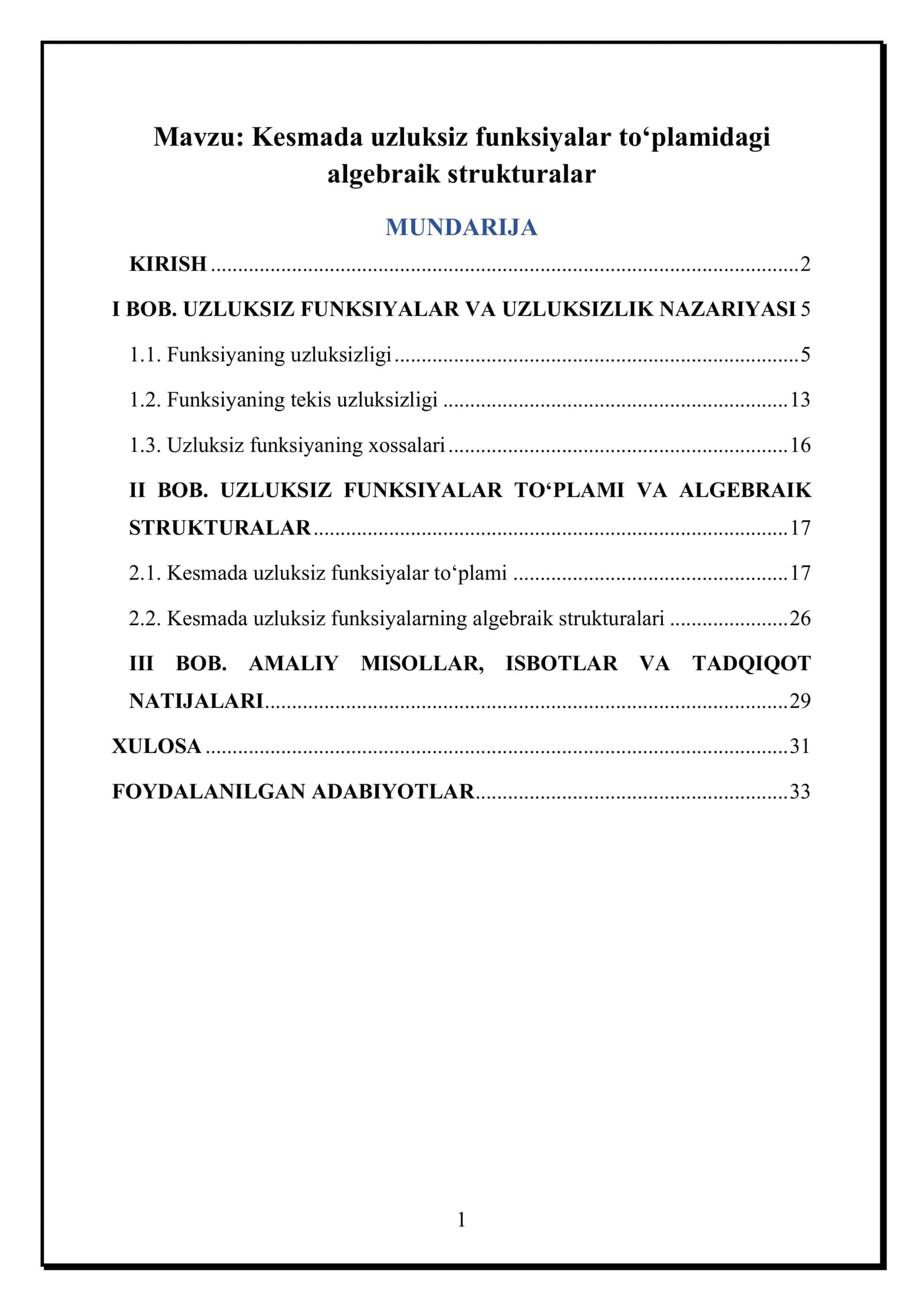 Kesmada uzluksiz funksiyalar to‘plamidagi algebraik strukturalar