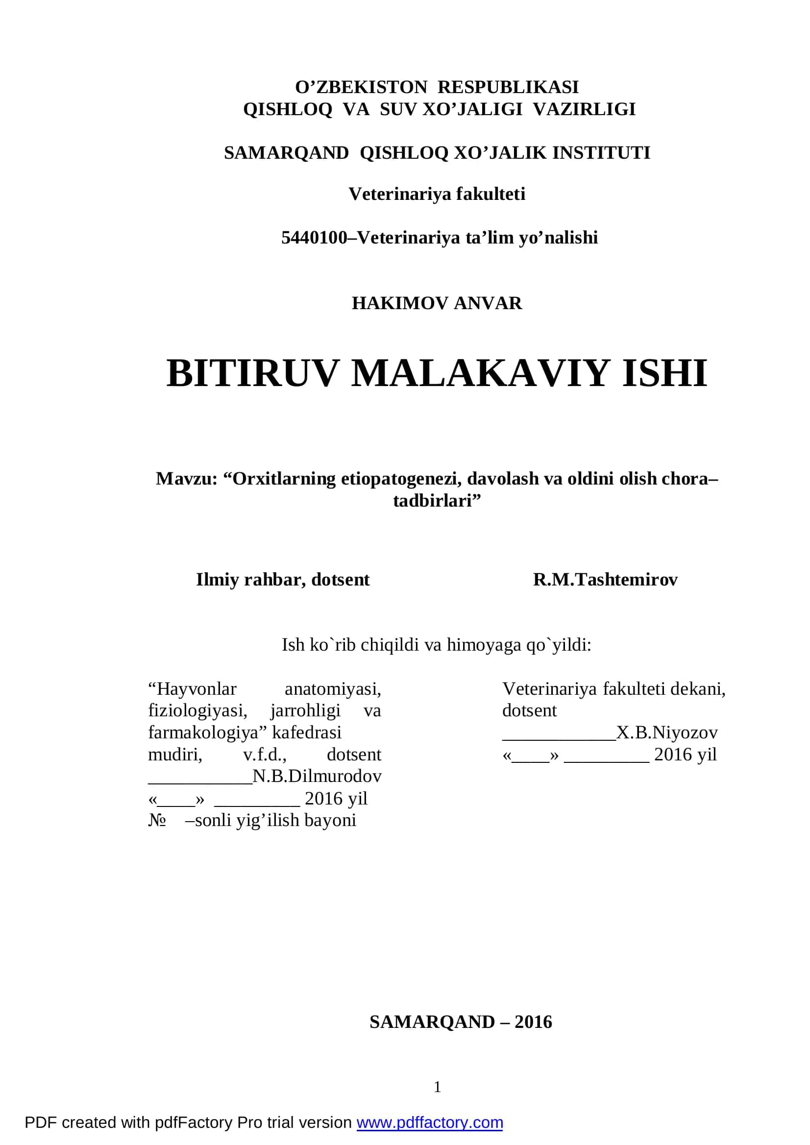 Orxitlarning etiopatogenezi, davolash va oldini olish chora–tadbirlari